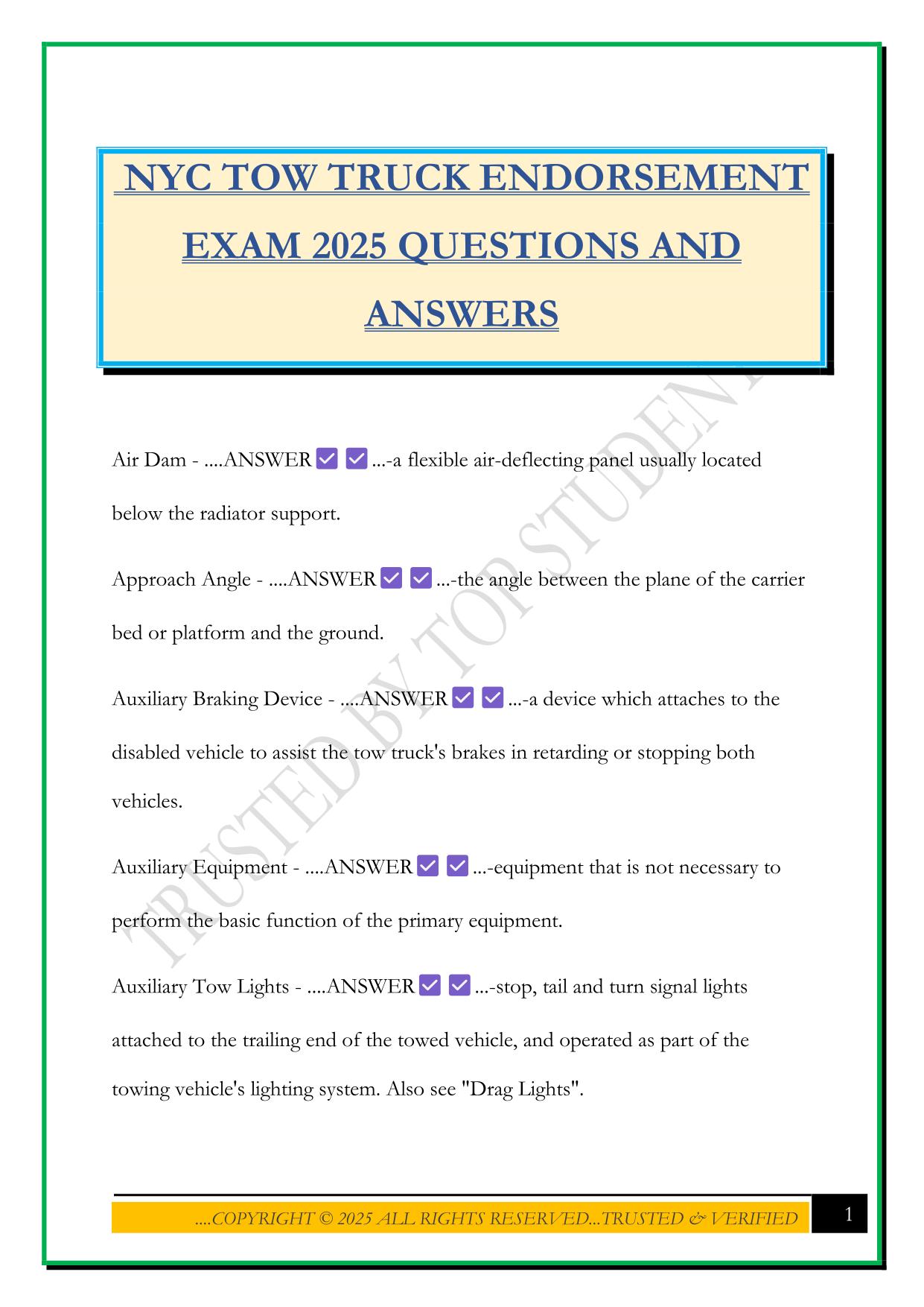 NYC TOW TRUCK ENDORSEMENT EXAM 2025 QUESTIONS AND ANSWERS