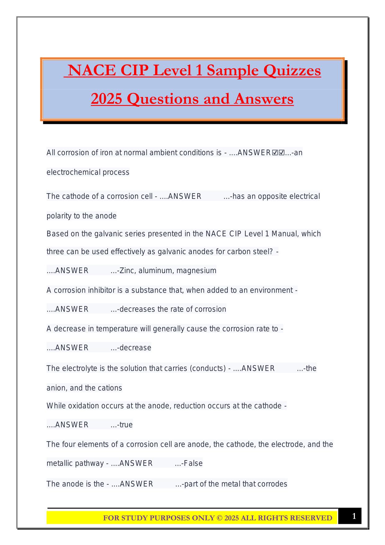 NACE CIP Level 1 Sample Quizzes 2025 Questions and Answers