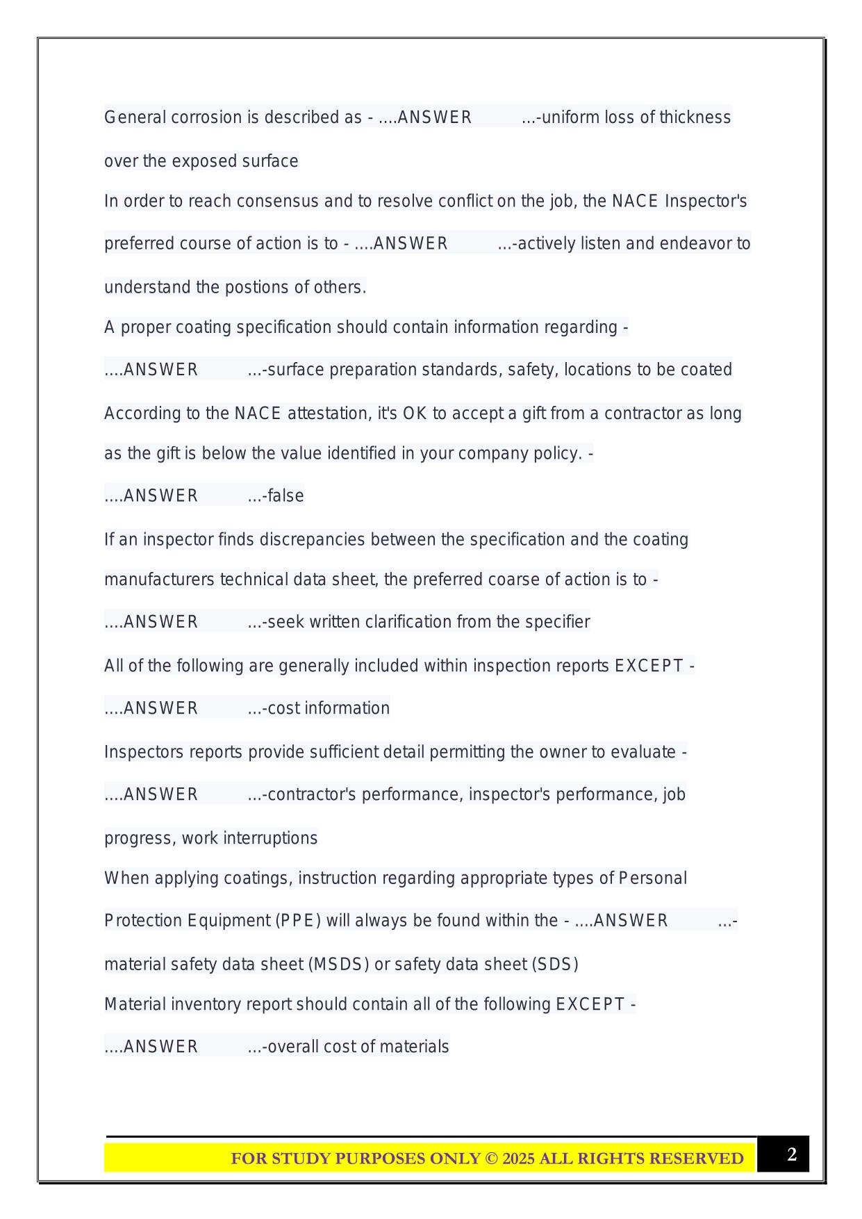 NACE CIP Level 1 Sample Quizzes 2025 Questions and Answers