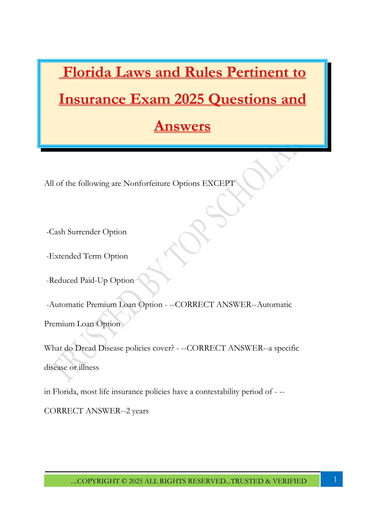 Florida Laws and Rules Pertinent to Insurance Exam 2025 Questions and Answers