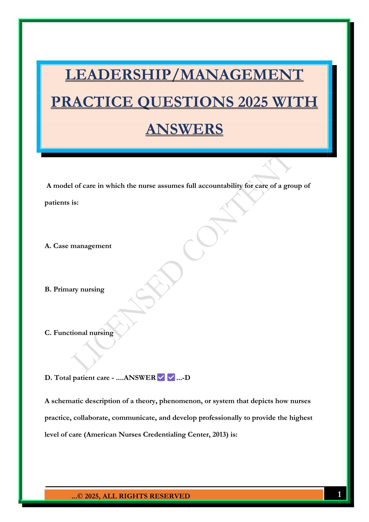 LEADERSHIP/MANAGEMENT PRACTICE QUESTIONS 2025 WITH ANSWERS