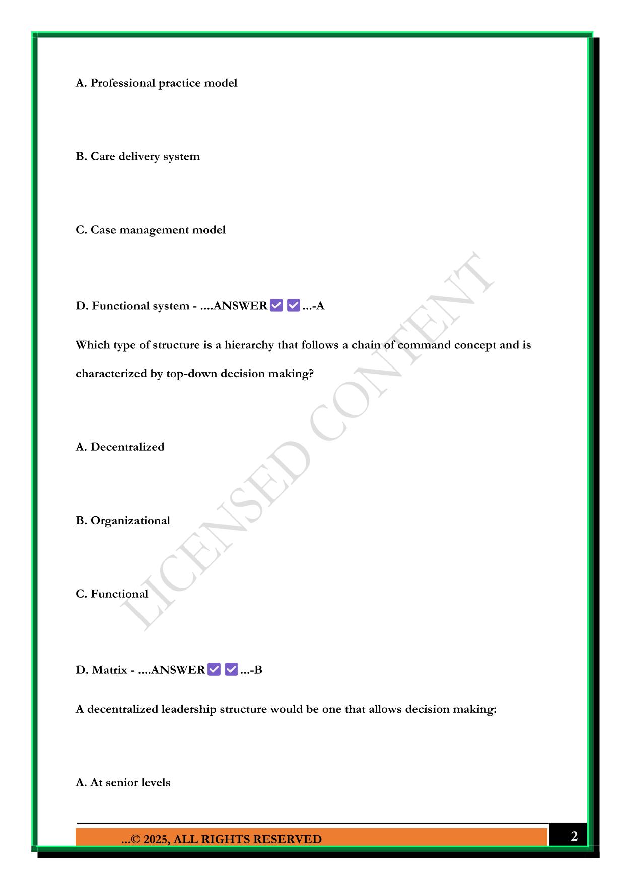 LEADERSHIP/MANAGEMENT PRACTICE QUESTIONS 2025 WITH ANSWERS