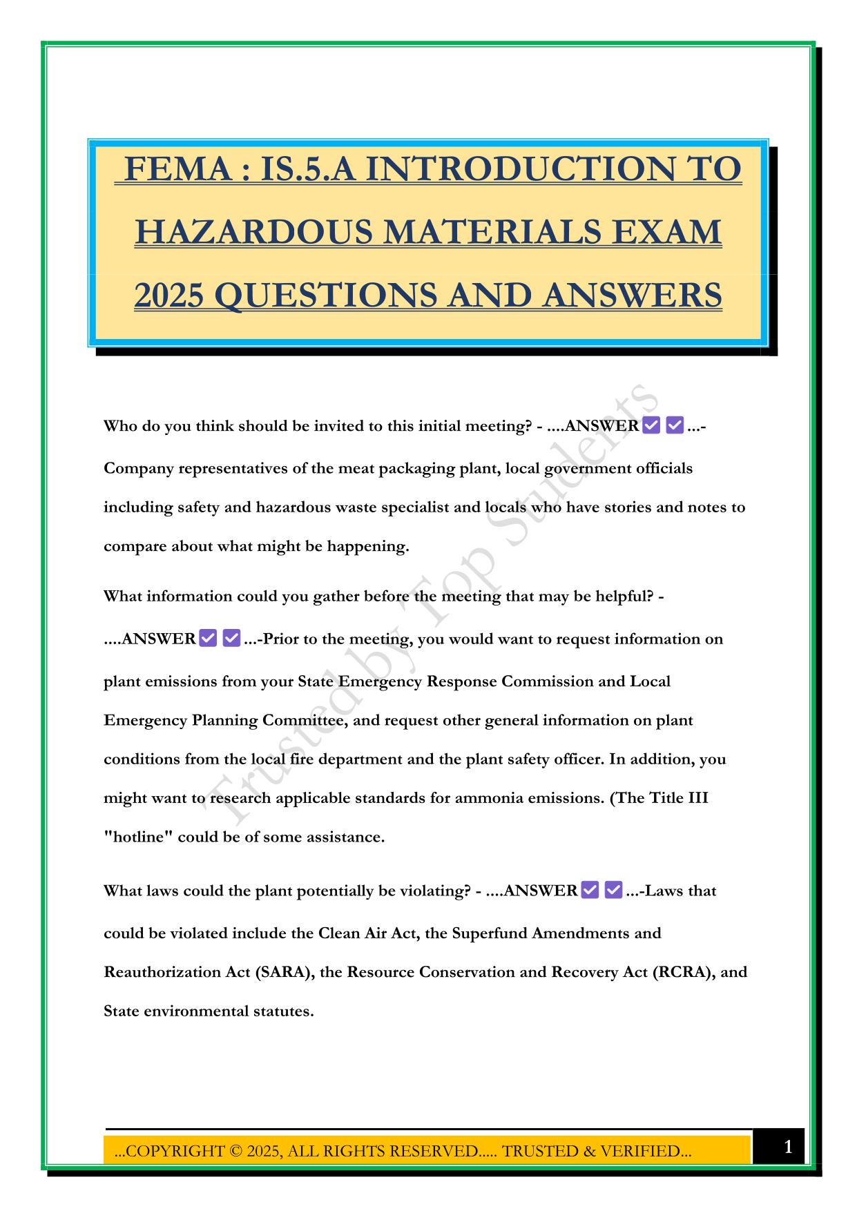 FEMA : IS.5.A INTRODUCTION TO HAZARDOUS MATERIALS EXAM 2025 QUESTIONS AND ANSWERS