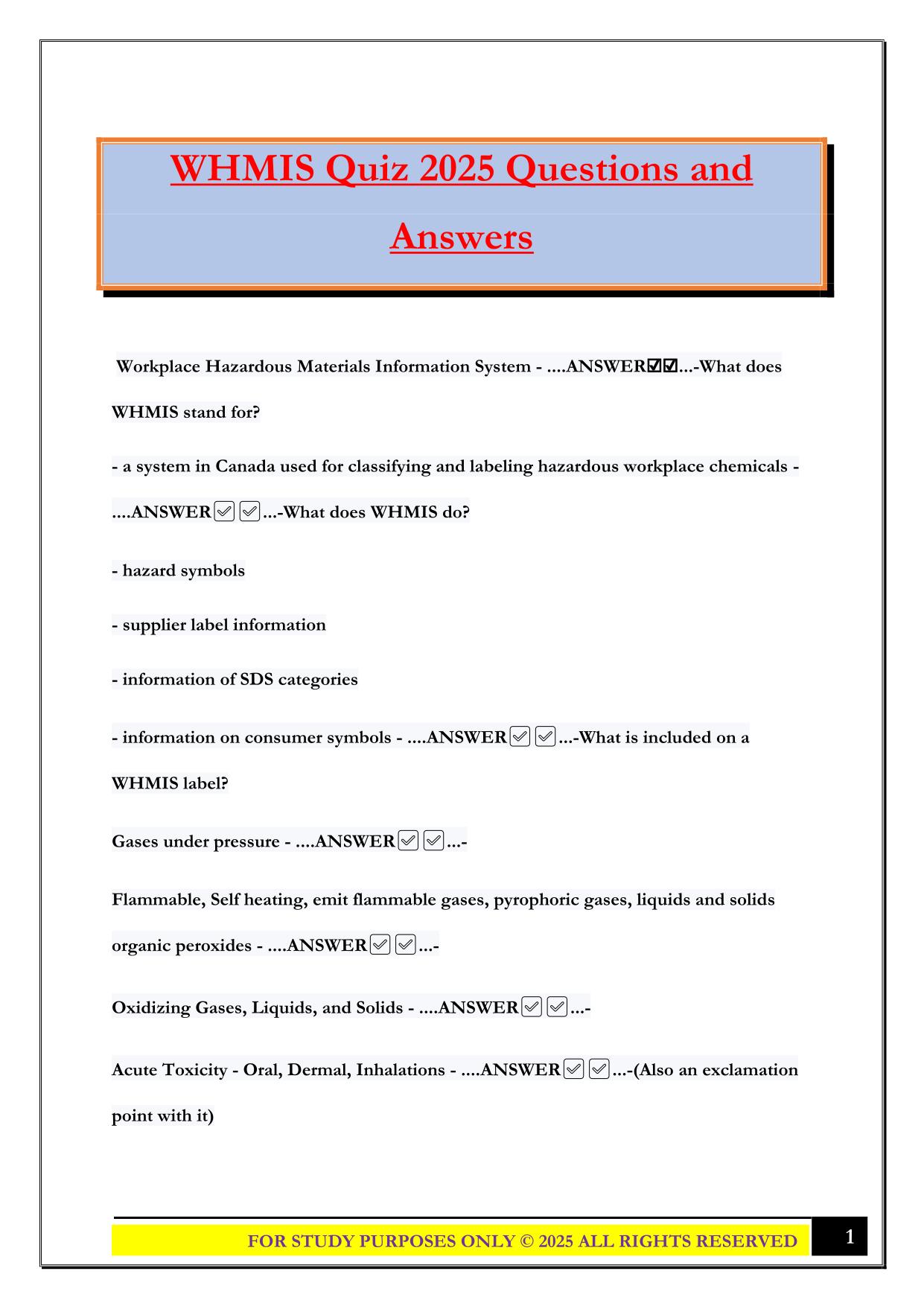 WHMIS Quiz 2025 Questions and Answers