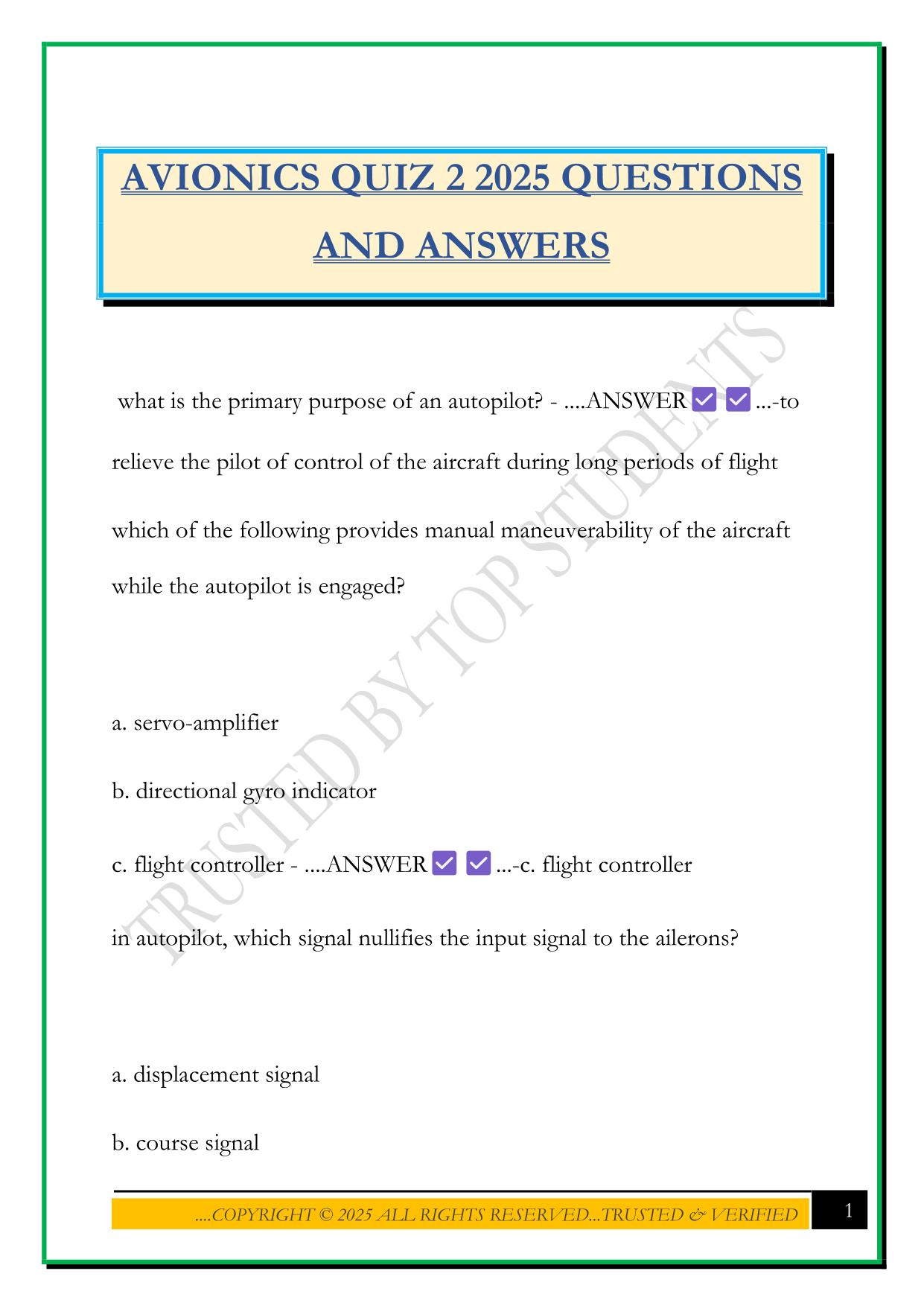 AVIONICS QUIZ 2 2025 QUESTIONS AND ANSWERS
