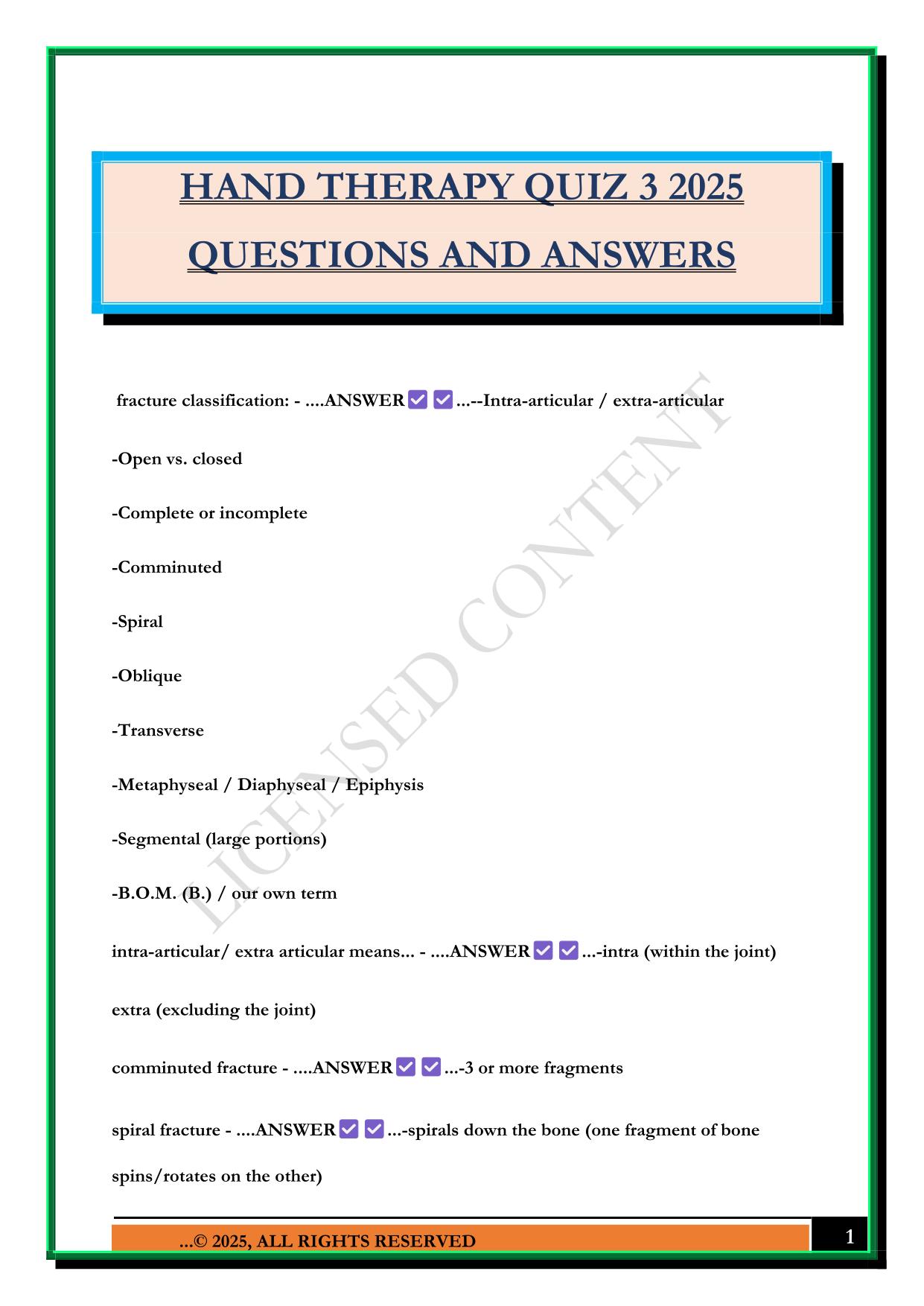 HAND THERAPY QUIZ 3 2025 QUESTIONS AND ANSWERS