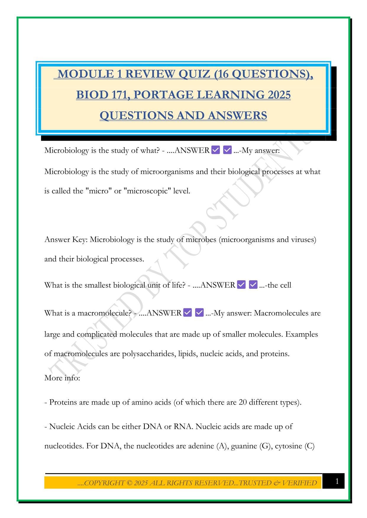 MODULE 1 REVIEW QUIZ (16 QUESTIONS), BIOD 171, PORTAGE LEARNING 2025 QUESTIONS AND ANSWERS