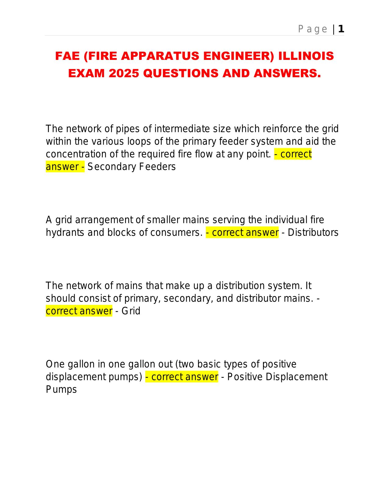FAE (FIRE APPARATUS ENGINEER) ILLINOIS EXAM 2025 QUESTIONS AND ANSWERS.