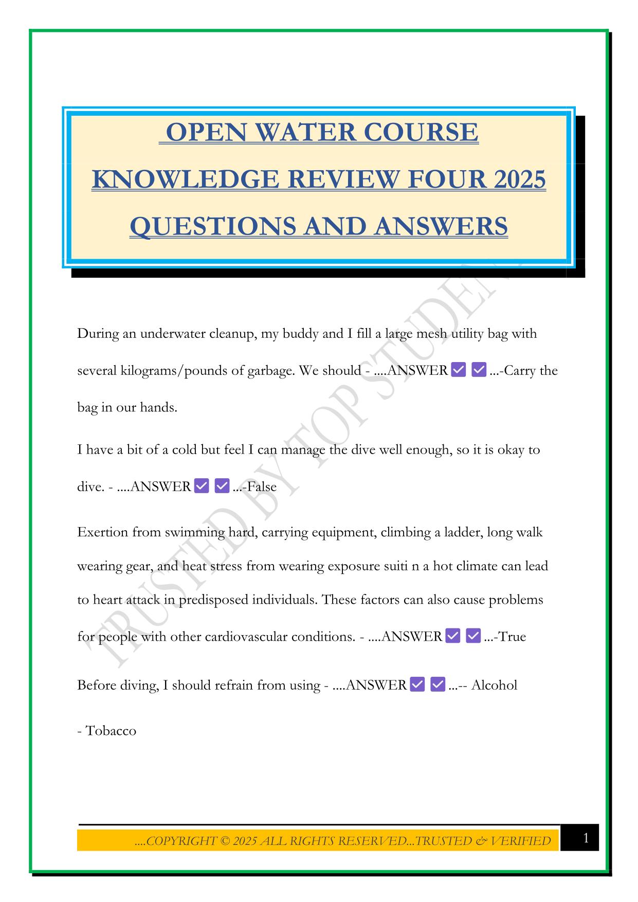 OPEN WATER COURSE KNOWLEDGE REVIEW FOUR 2025 QUESTIONS AND ANSWERS