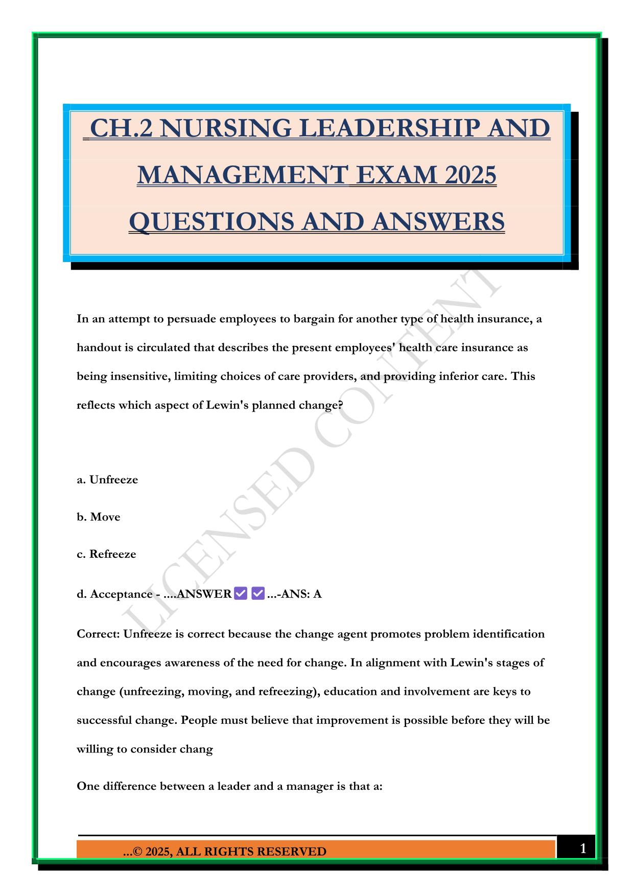 CH.2 NURSING LEADERSHIP AND MANAGEMENT EXAM 2025 QUESTIONS AND ANSWERS
