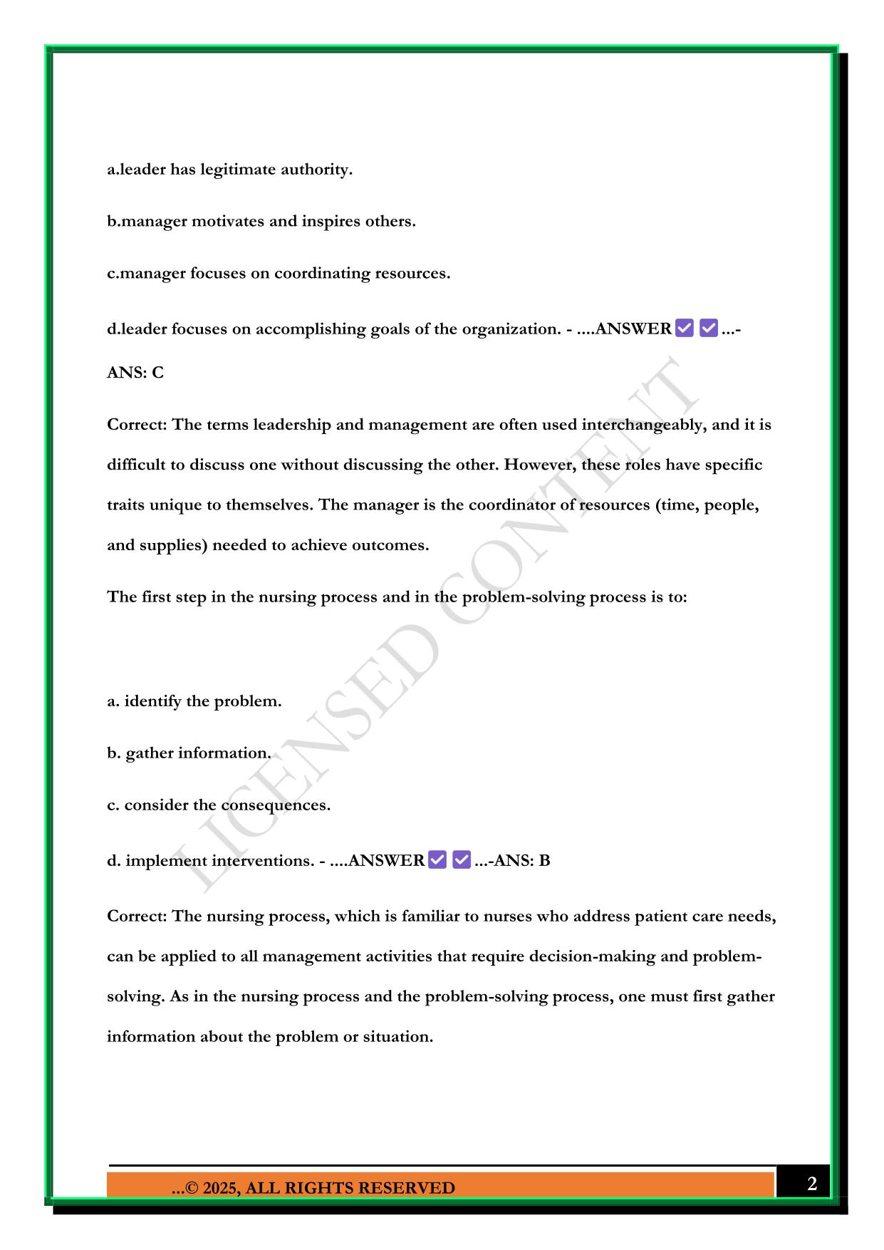 CH.2 NURSING LEADERSHIP AND MANAGEMENT EXAM 2025 QUESTIONS AND ANSWERS