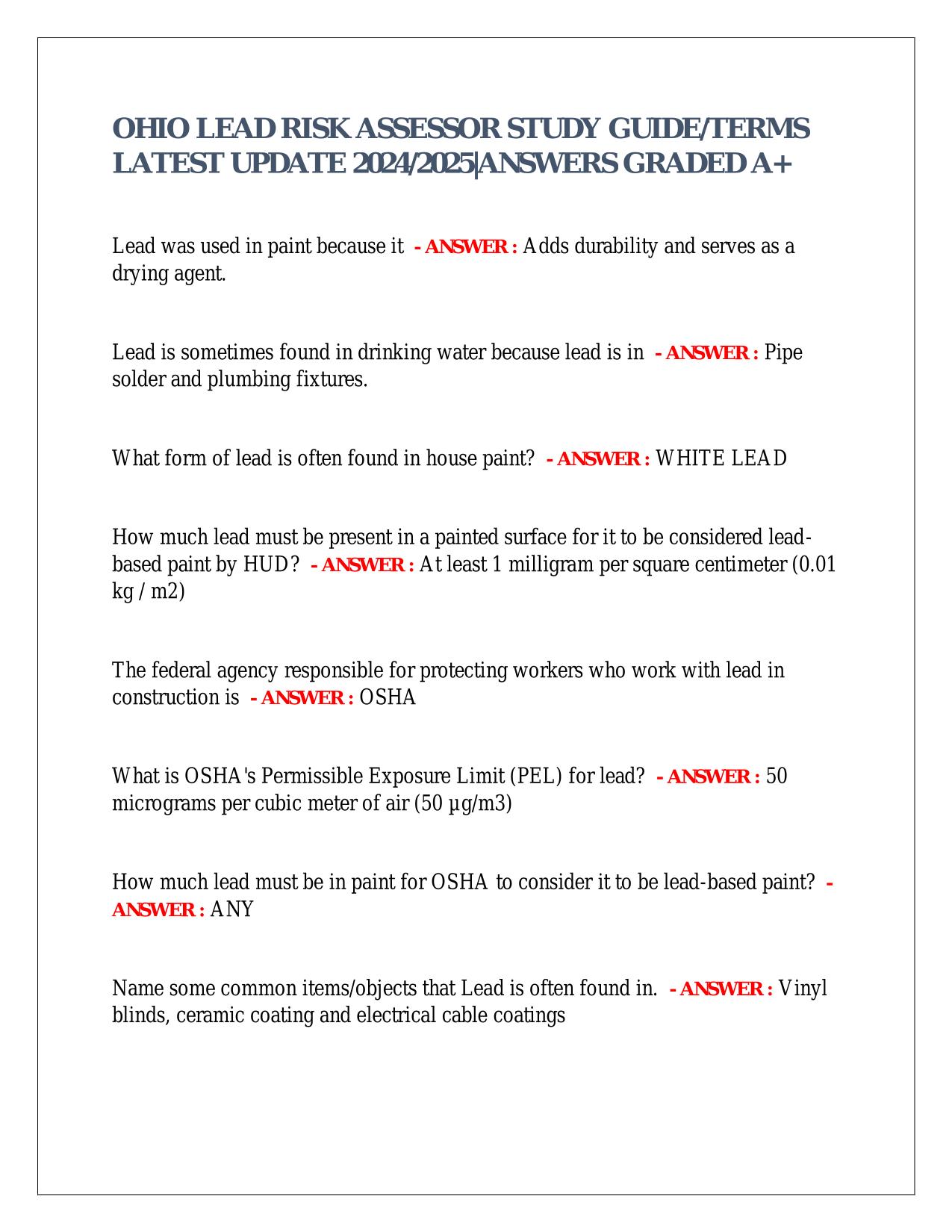 OHIO LEAD RISK ASSESSOR STUDY GUIDE/TERMS LATEST UPDATE 2024/2025|ANSWERS GRADED A+