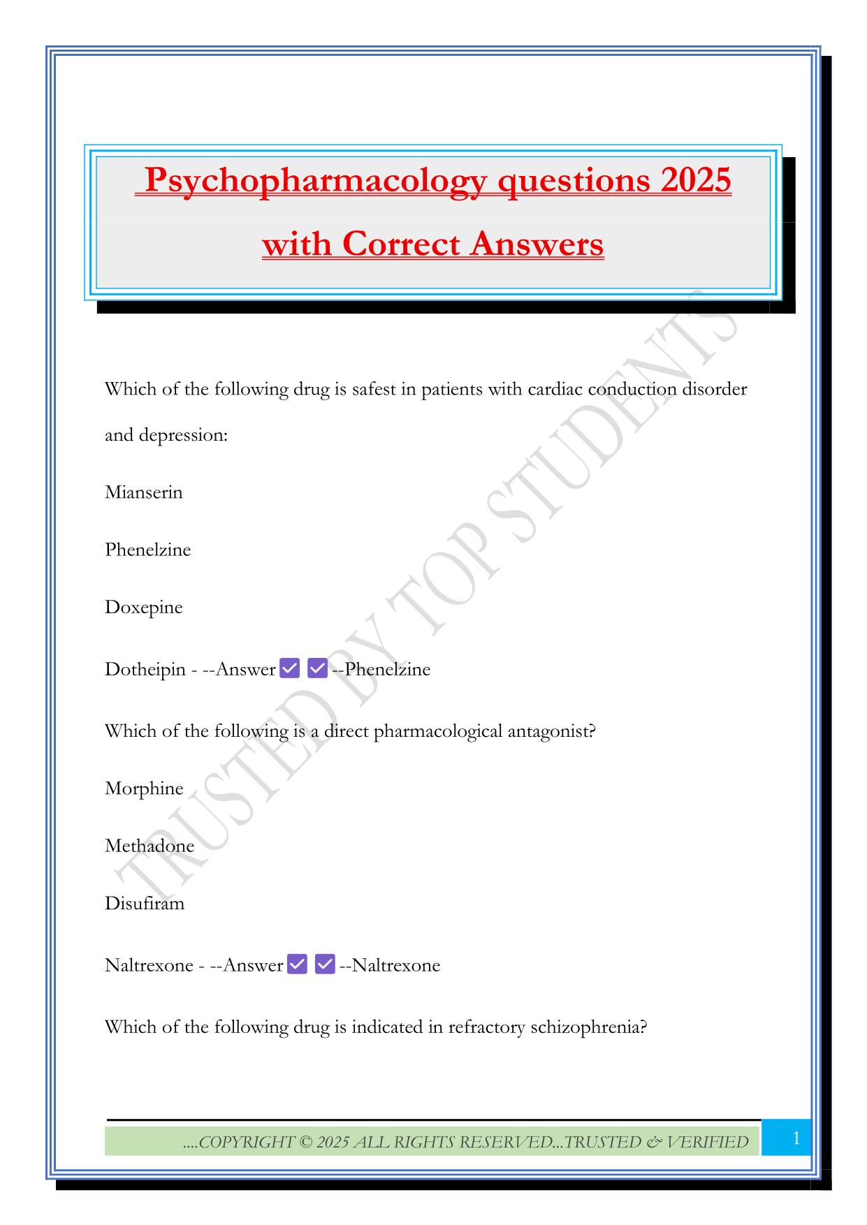 Psychopharmacology questions 2025 with Correct Answers
