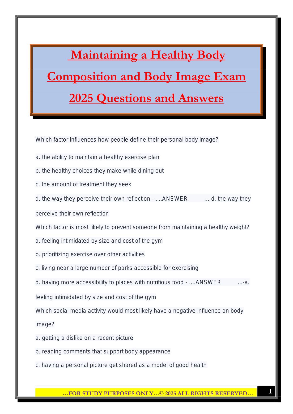 Maintaining a Healthy Body Composition and Body Image Exam 2025 Questions and Answers