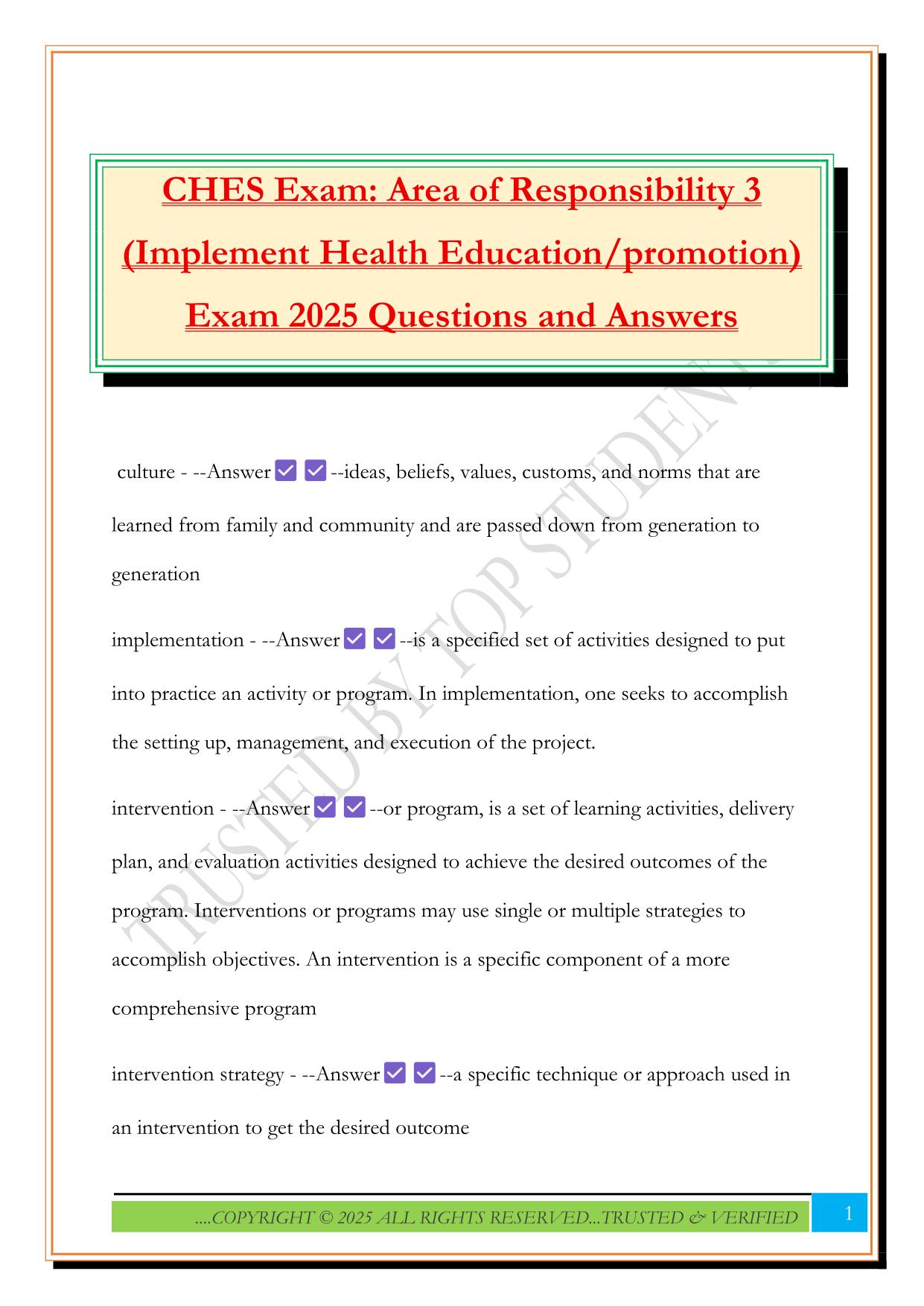 CHES Exam: Area of Responsibility 3 (Implement Health Education/promotion) Exam 2025 Questions and Answers