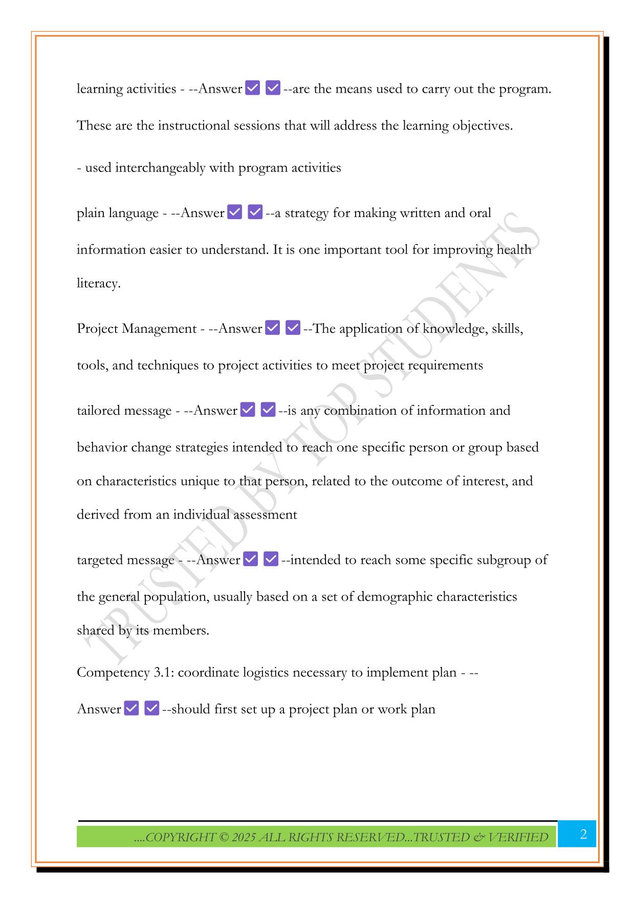 CHES Exam: Area of Responsibility 3 (Implement Health Education/promotion) Exam 2025 Questions and Answers