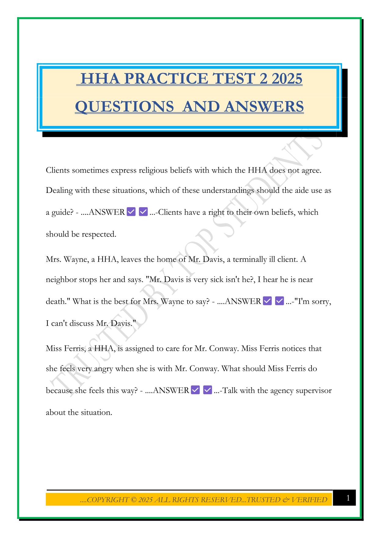 HHA PRACTICE TEST 2 2025 QUESTIONS AND ANSWERS