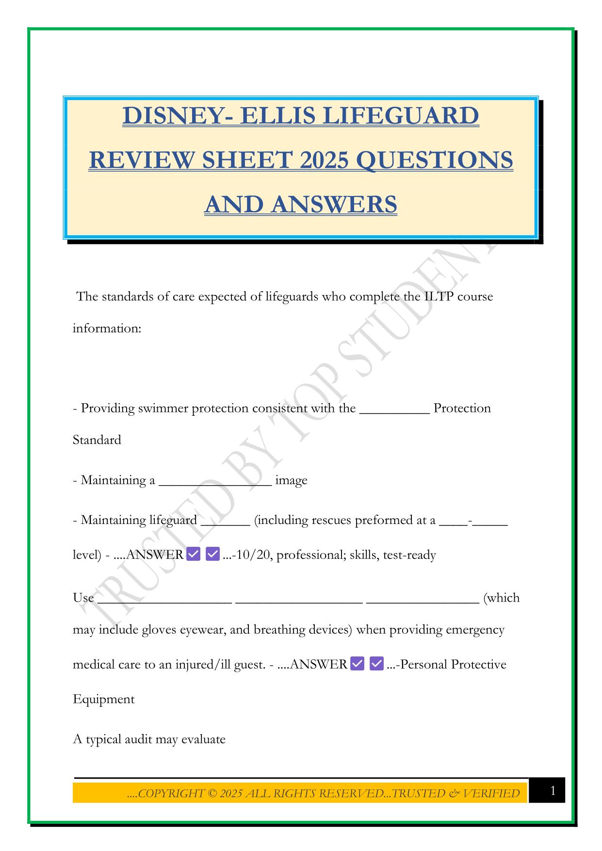 DISNEY- ELLIS LIFEGUARD REVIEW SHEET 2025 QUESTIONS AND ANSWERS