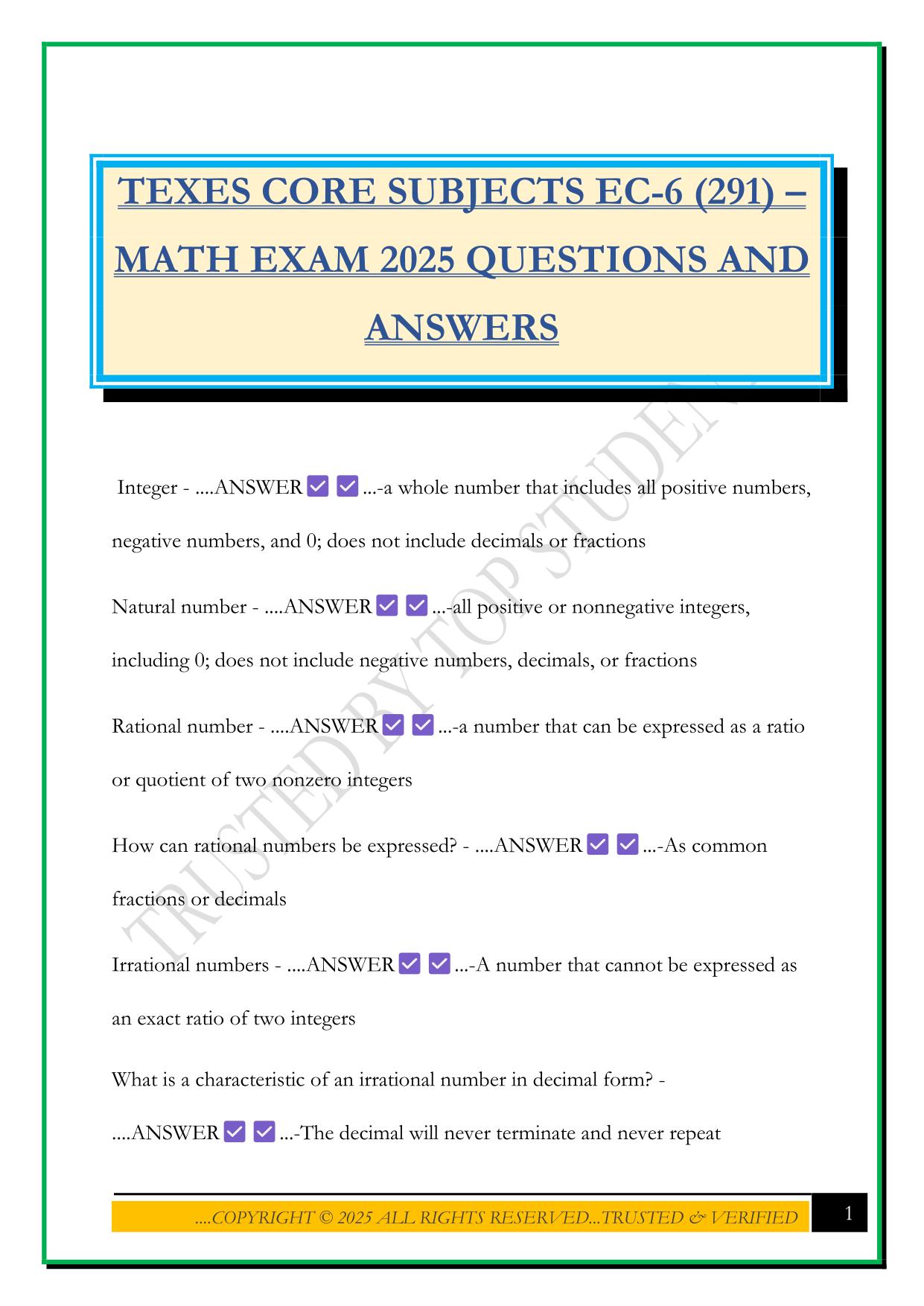 TEXES CORE SUBJECTS EC-6 (291) – MATH EXAM 2025 QUESTIONS AND ANSWERS
