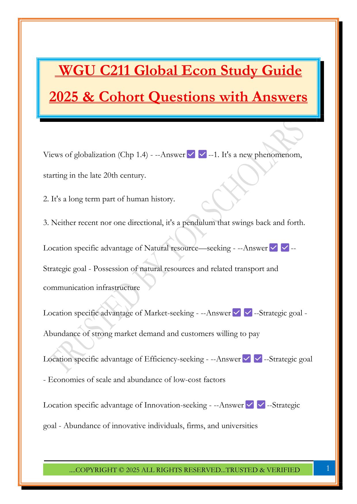 WGU C211 Global Econ Study Guide 2025 & Cohort Questions with Answers