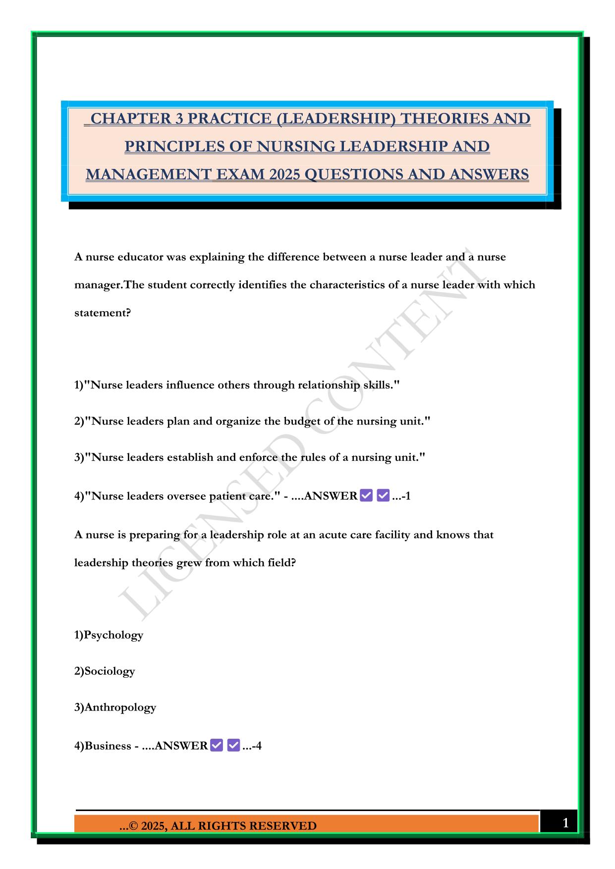 CHAPTER 3 PRACTICE (LEADERSHIP) THEORIES AND PRINCIPLES OF NURSING LEADERSHIP AND MANAGEMENT EXAM 2025 QUESTIONS AND ANSWERS
