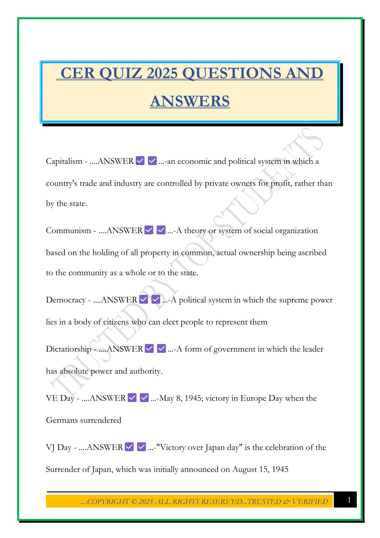 CER QUIZ 2025 QUESTIONS AND ANSWERS