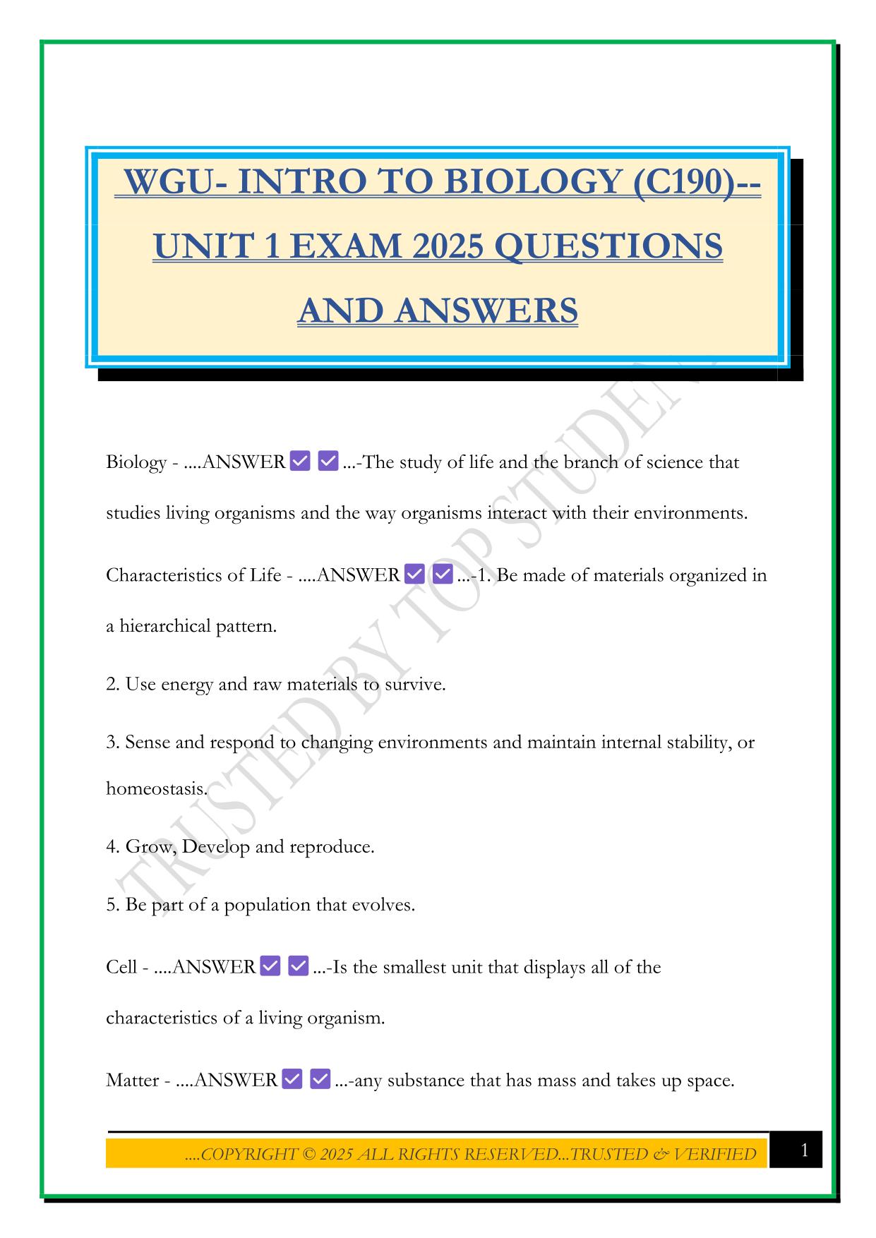 WGU- INTRO TO BIOLOGY (C190)-- UNIT 1 EXAM 2025 QUESTIONS AND ANSWERS