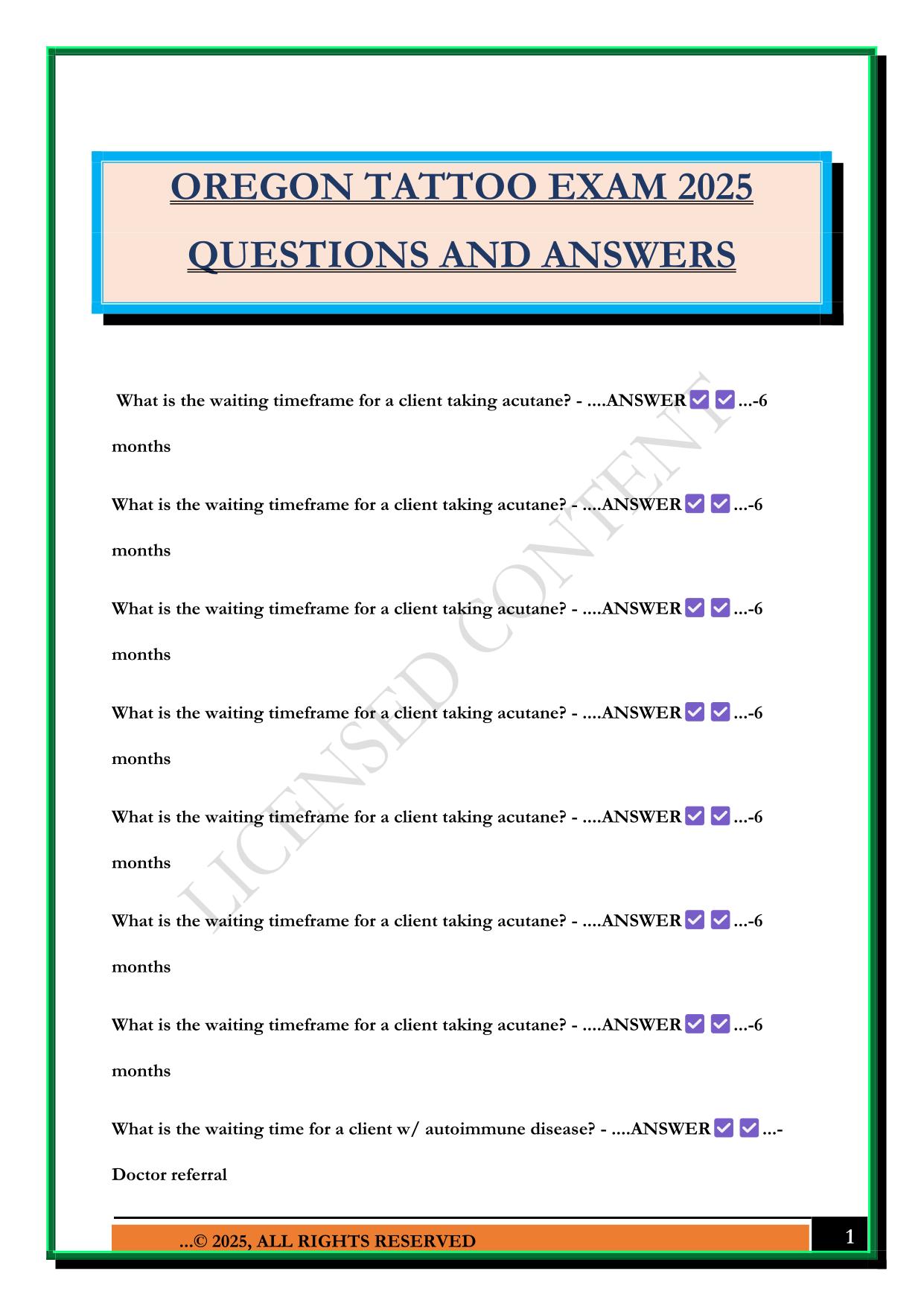 OREGON TATTOO EXAM 2025 QUESTIONS AND ANSWERS