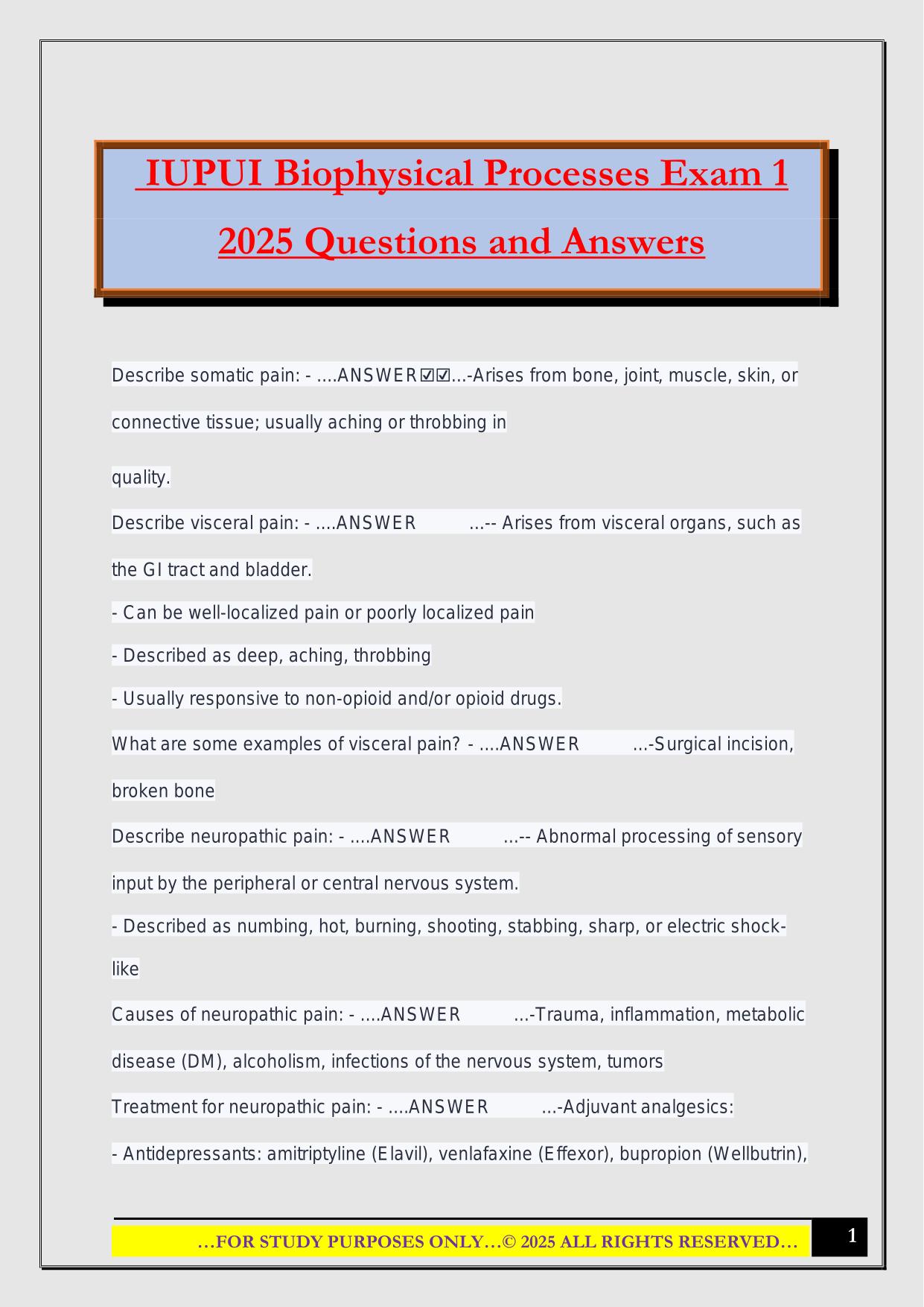 IUPUI Biophysical Processes Exam 1 2025 Questions and Answers
