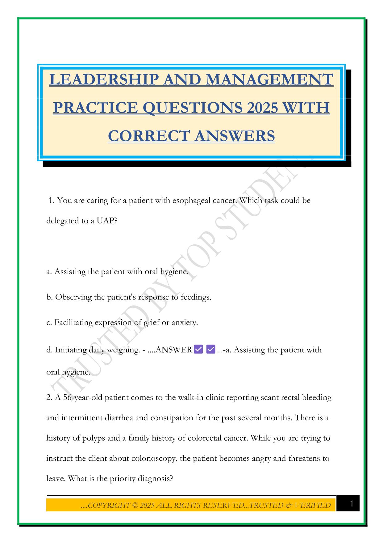 LEADERSHIP AND MANAGEMENT PRACTICE QUESTIONS 2025 WITH CORRECT ANSWERS