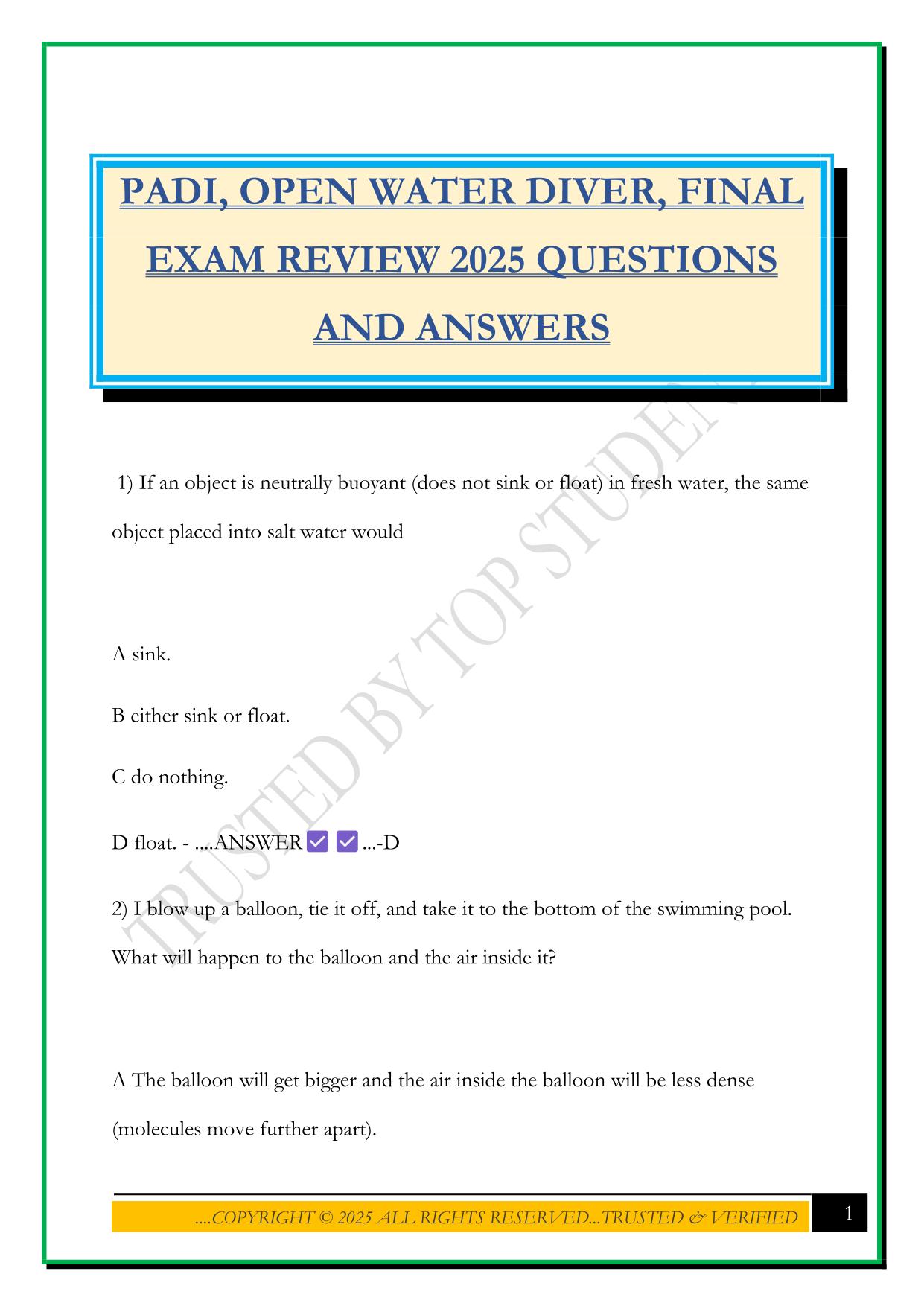 PADI, OPEN WATER DIVER, FINAL EXAM REVIEW 2025 QUESTIONS AND ANSWERS