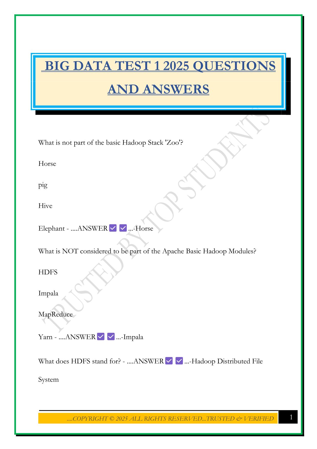 BIG DATA TEST 1 2025 QUESTIONS AND ANSWERS
