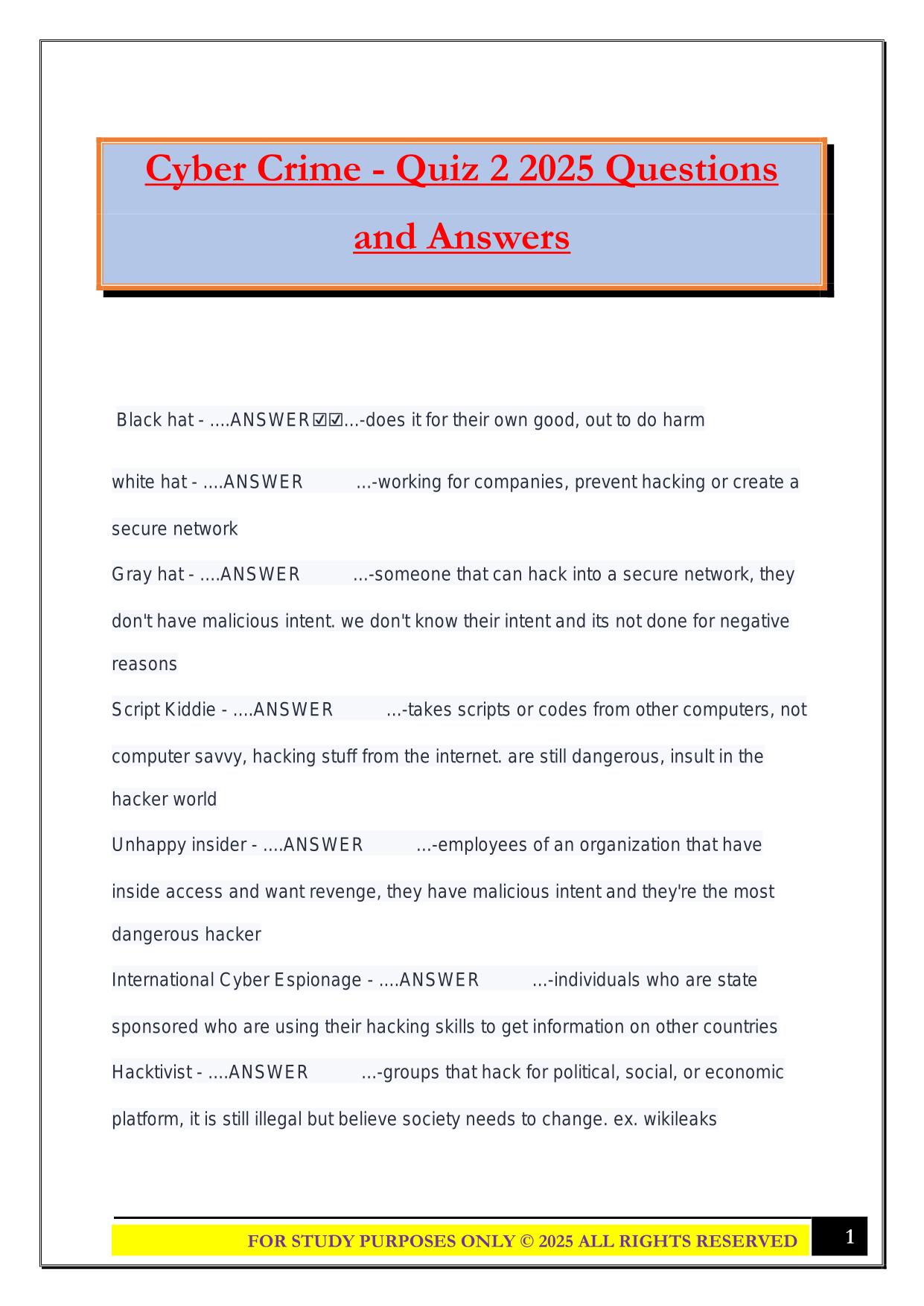Cyber Crime - Quiz 2 2025 Questions and Answers