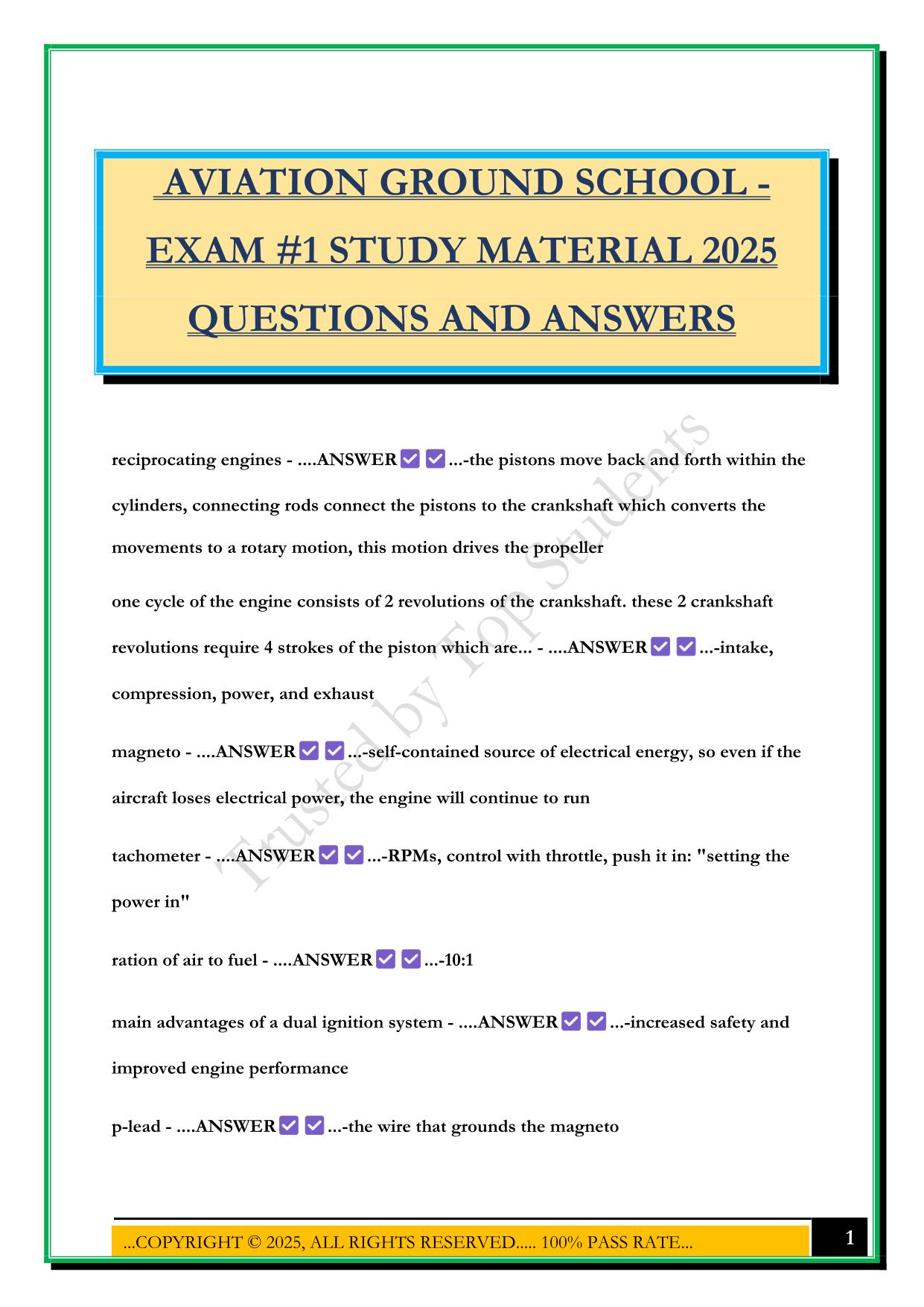 AVIATION GROUND SCHOOL - EXAM #1 STUDY MATERIAL 2025 QUESTIONS AND ANSWERS