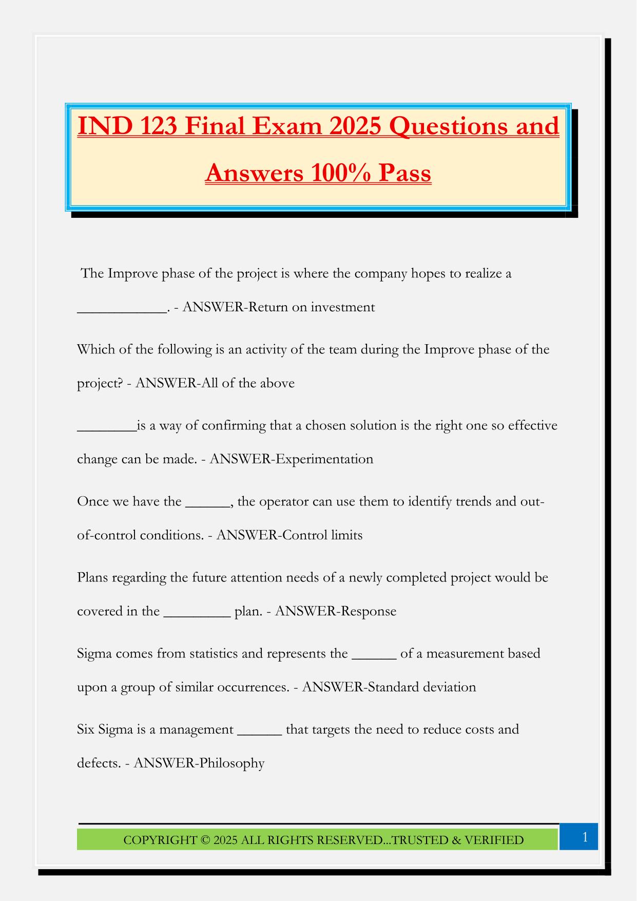 IND 123 Final Exam 2025 Questions and Answers 100% Pass