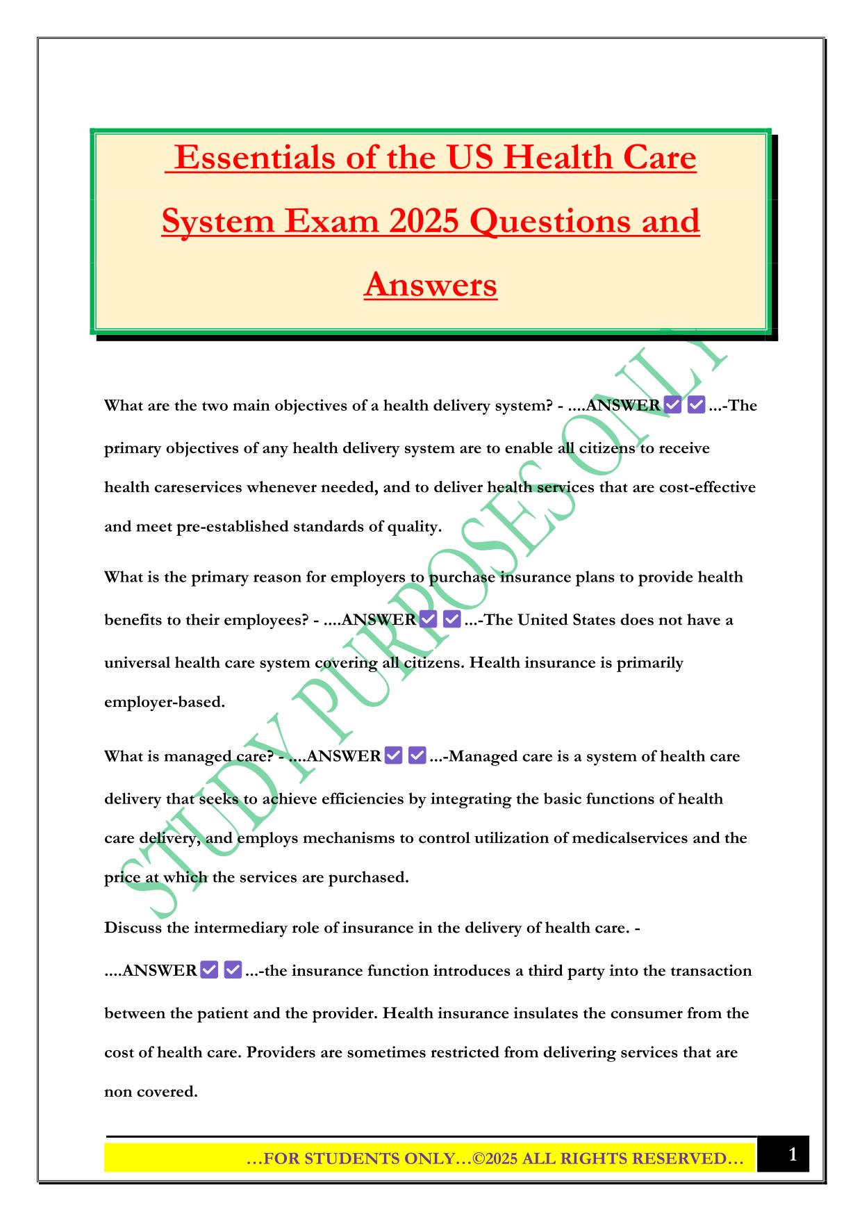 Essentials of the US Health Care System Exam 2025 Questions and Answers
