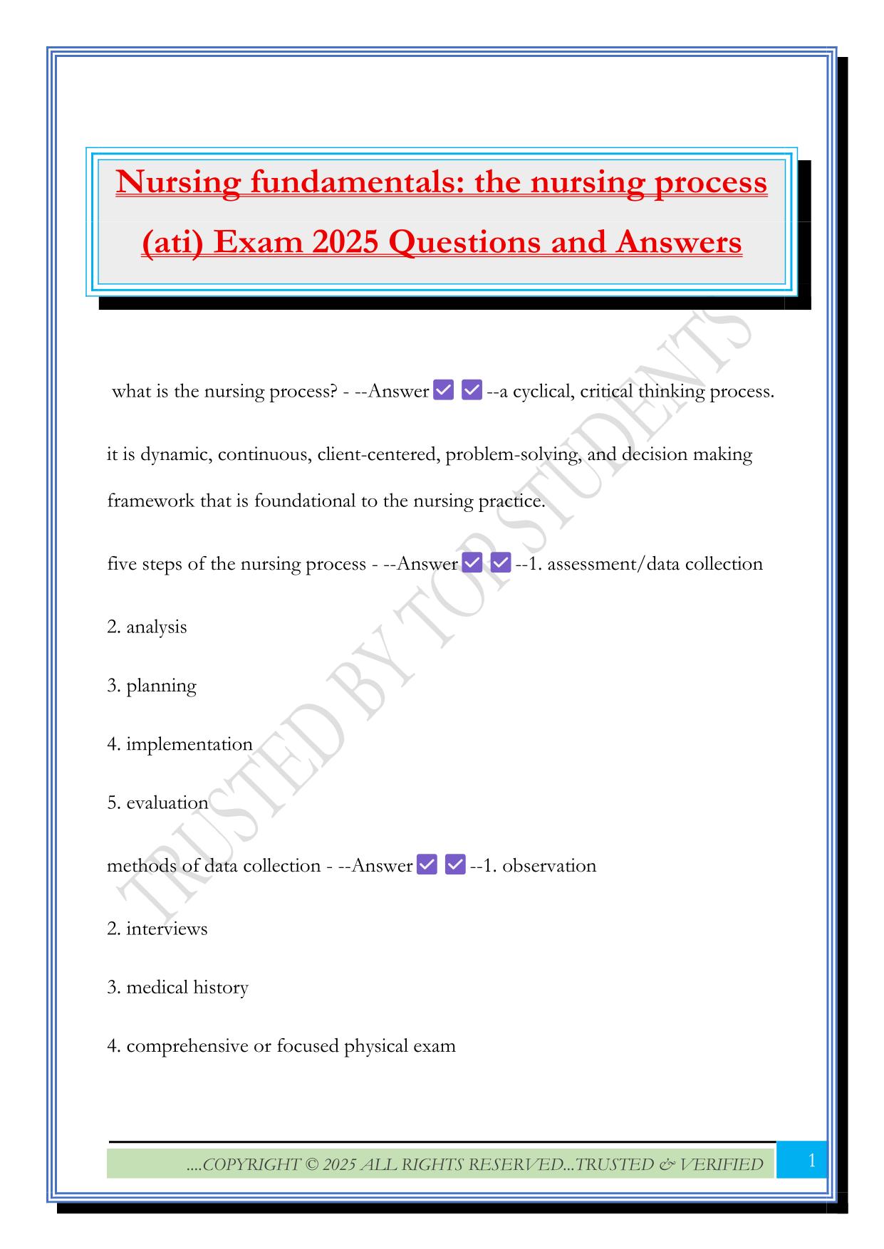 Nursing fundamentals: the nursing process (ati) Exam 2025 Questions and Answers