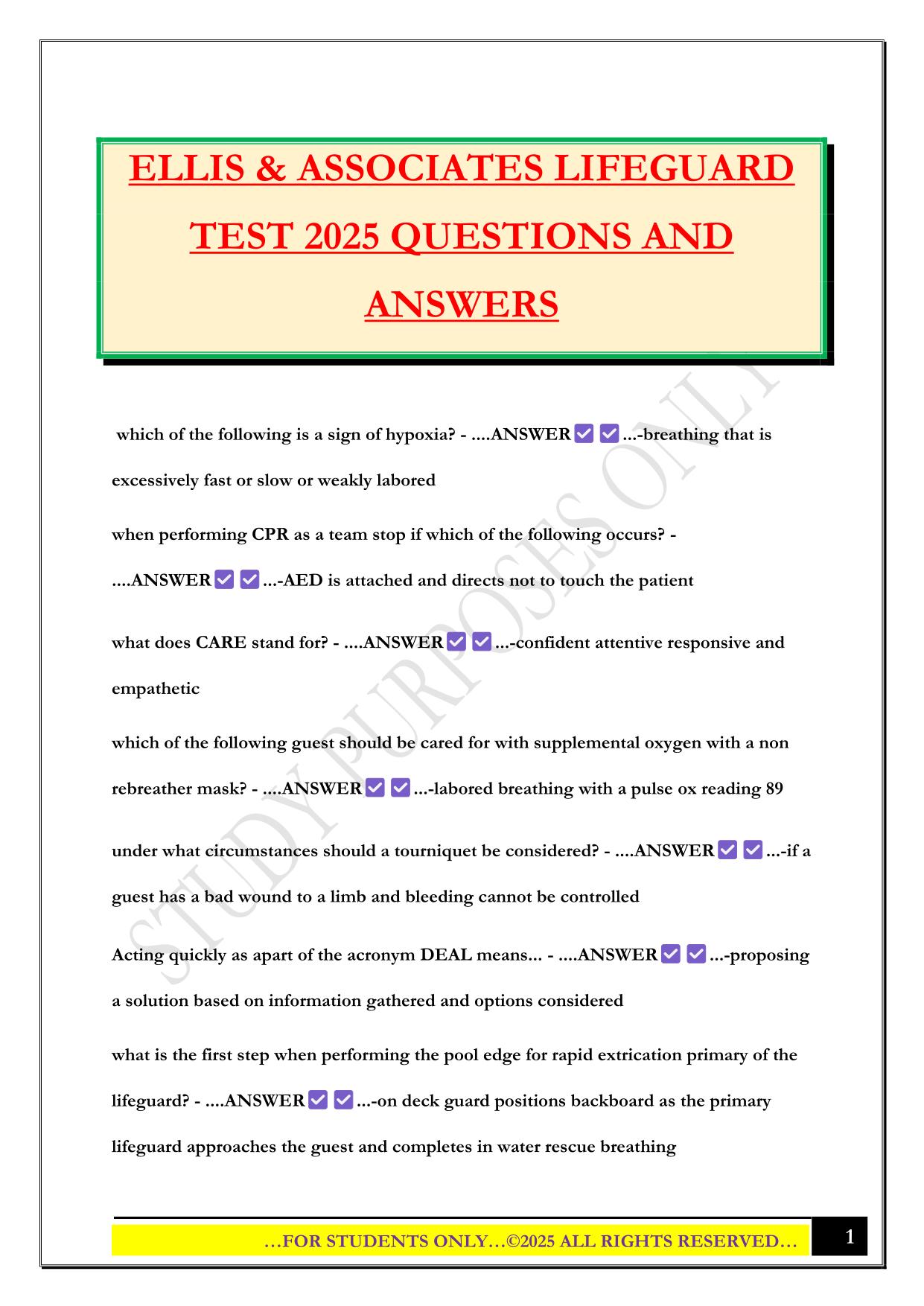 ELLIS & ASSOCIATES LIFEGUARD TEST 2025 QUESTIONS AND ANSWERS