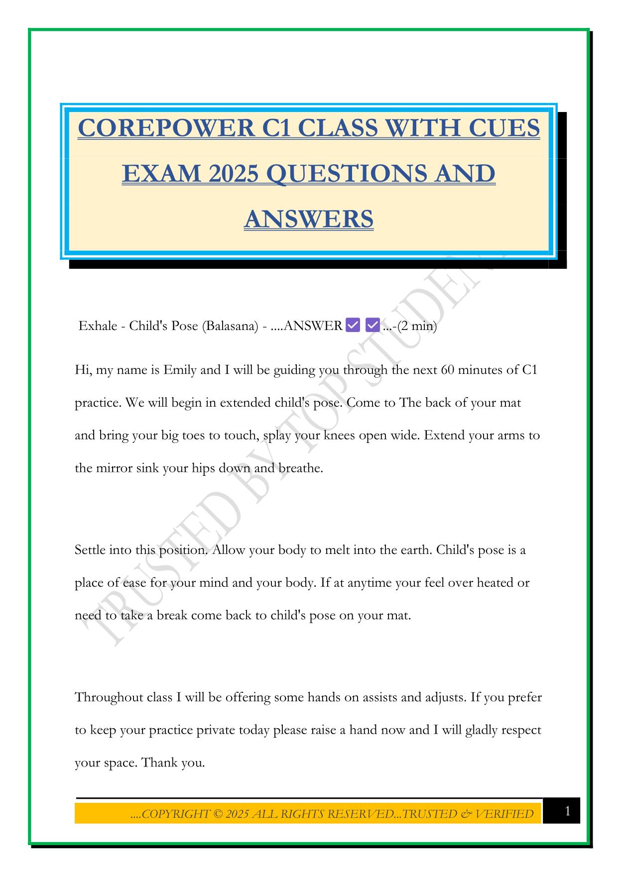 COREPOWER C1 CLASS WITH CUES EXAM 2025 QUESTIONS AND ANSWERS