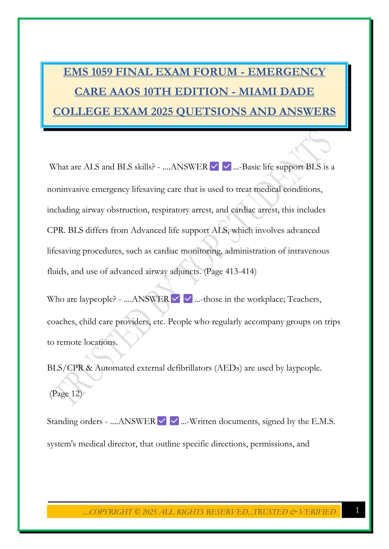 EMS 1059 FINAL EXAM FORUM - EMERGENCY CARE AAOS 10TH EDITION - MIAMI DADE COLLEGE EXAM 2025 QUETSIONS AND ANSWERS
