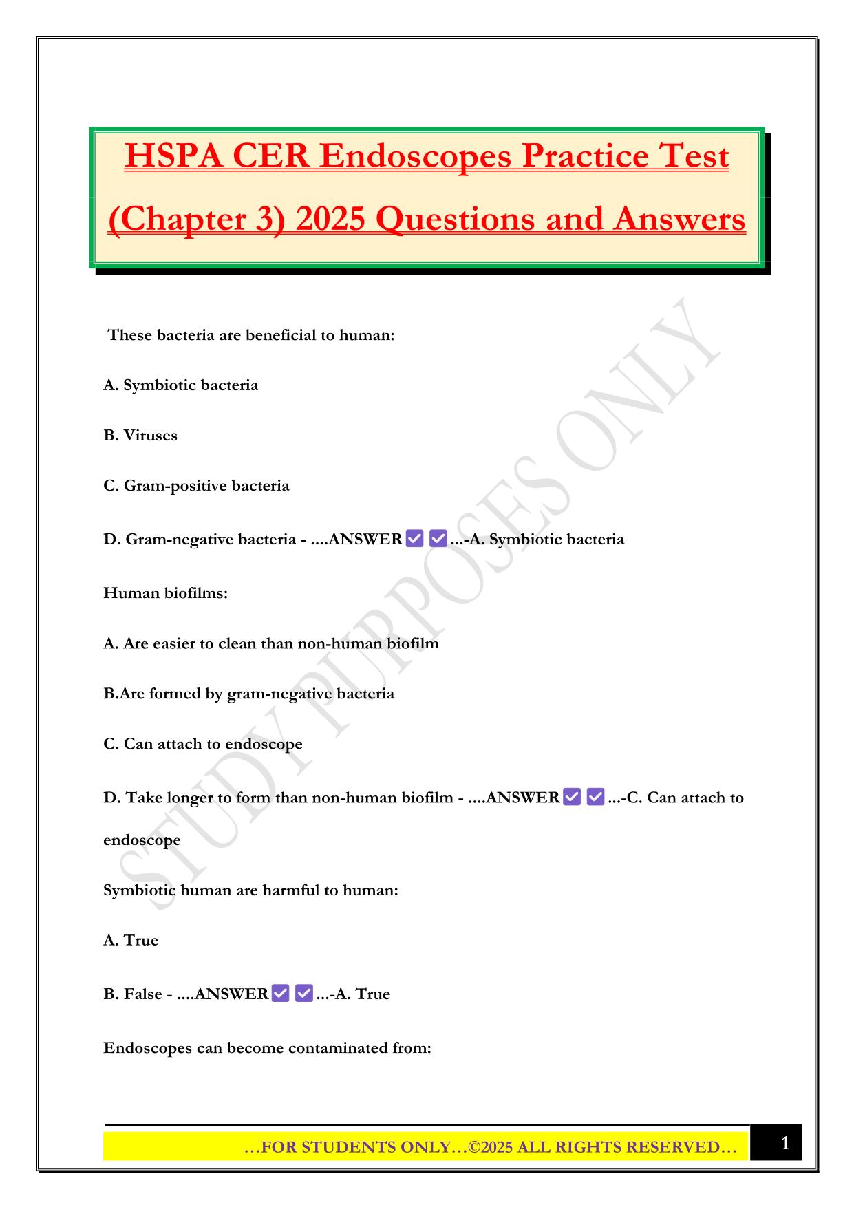 HSPA CER Endoscopes Practice Test (Chapter 3) 2025 Questions and Answers