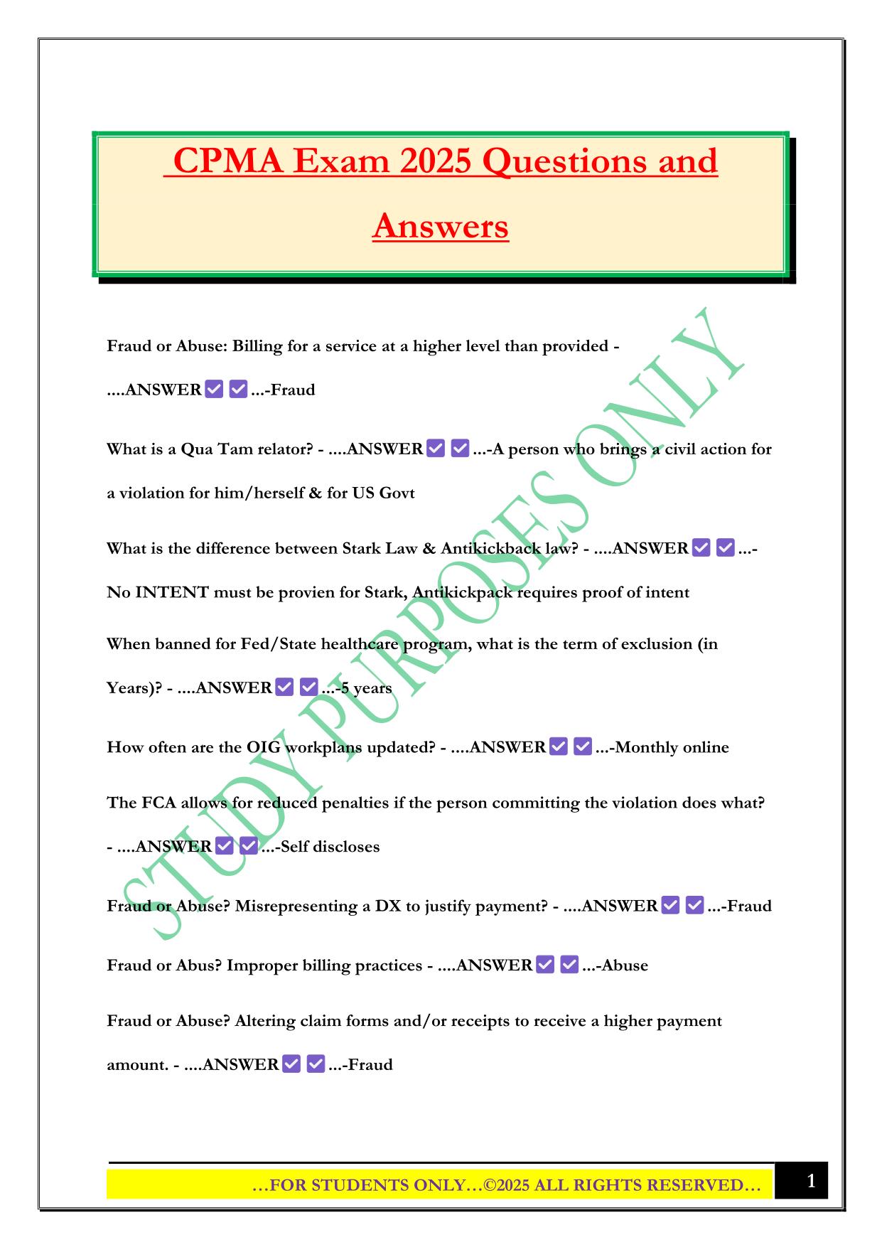CPMA Exam 2025 Questions and Answers