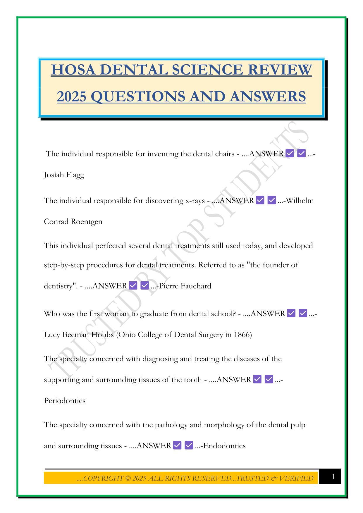 HOSA DENTAL SCIENCE REVIEW 2025 QUESTIONS AND ANSWERS