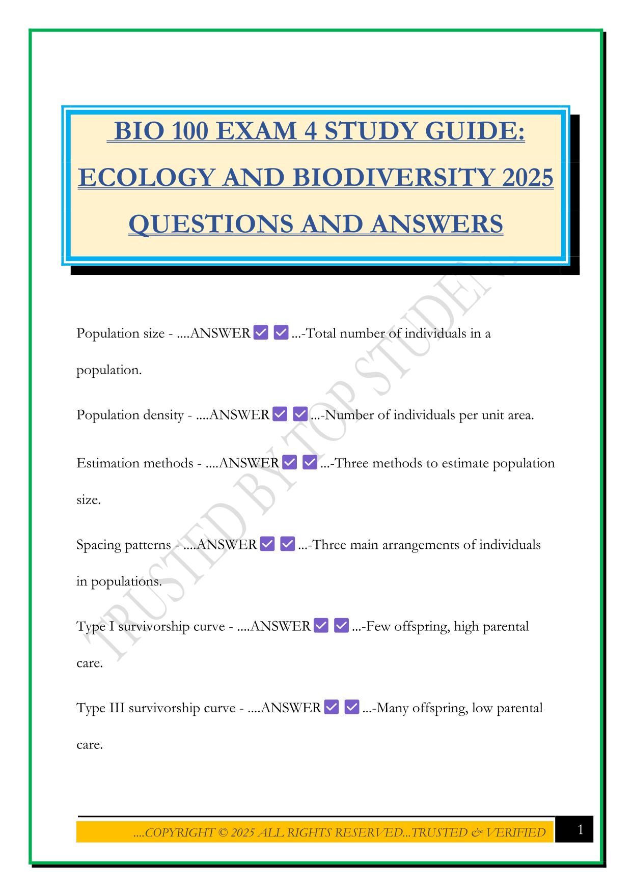 BIO 100 EXAM 4 STUDY GUIDE: ECOLOGY AND BIODIVERSITY 2025 QUESTIONS AND ANSWERS