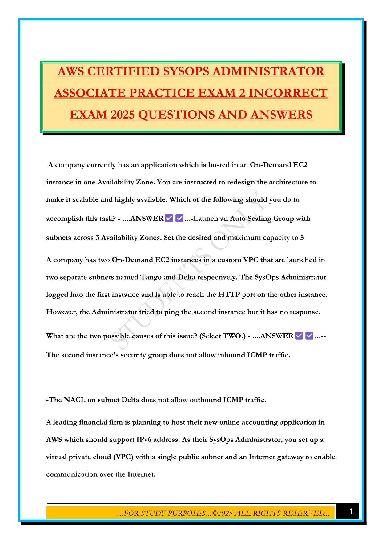 AWS CERTIFIED SYSOPS ADMINISTRATOR ASSOCIATE PRACTICE EXAM 2 INCORRECT EXAM 2025 QUESTIONS AND ANSWERS