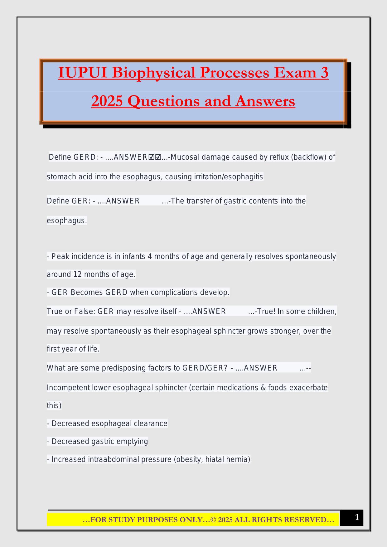 IUPUI Biophysical Processes Exam 3 2025 Questions and Answers