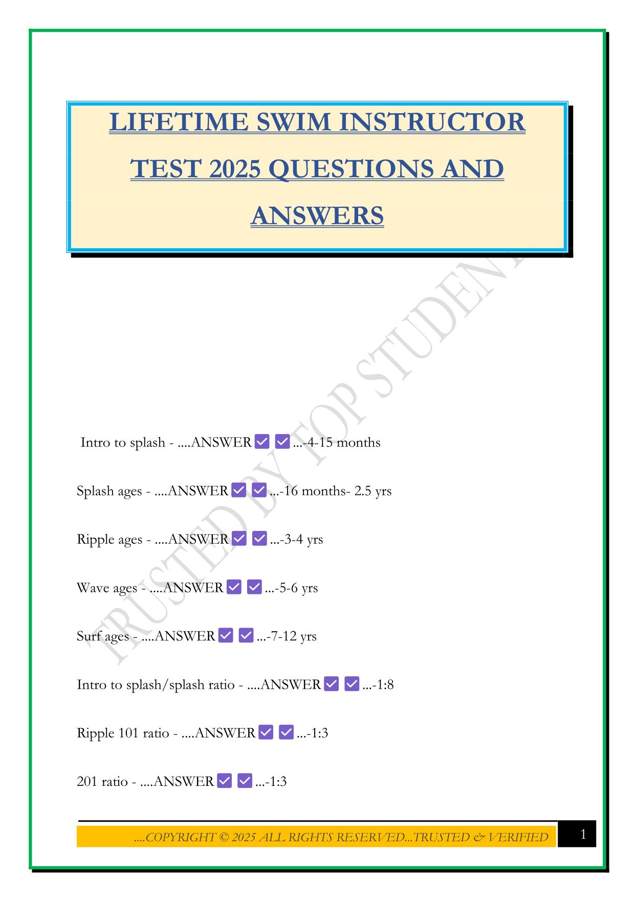 LIFETIME SWIM INSTRUCTOR TEST 2025 QUESTIONS AND ANSWERS