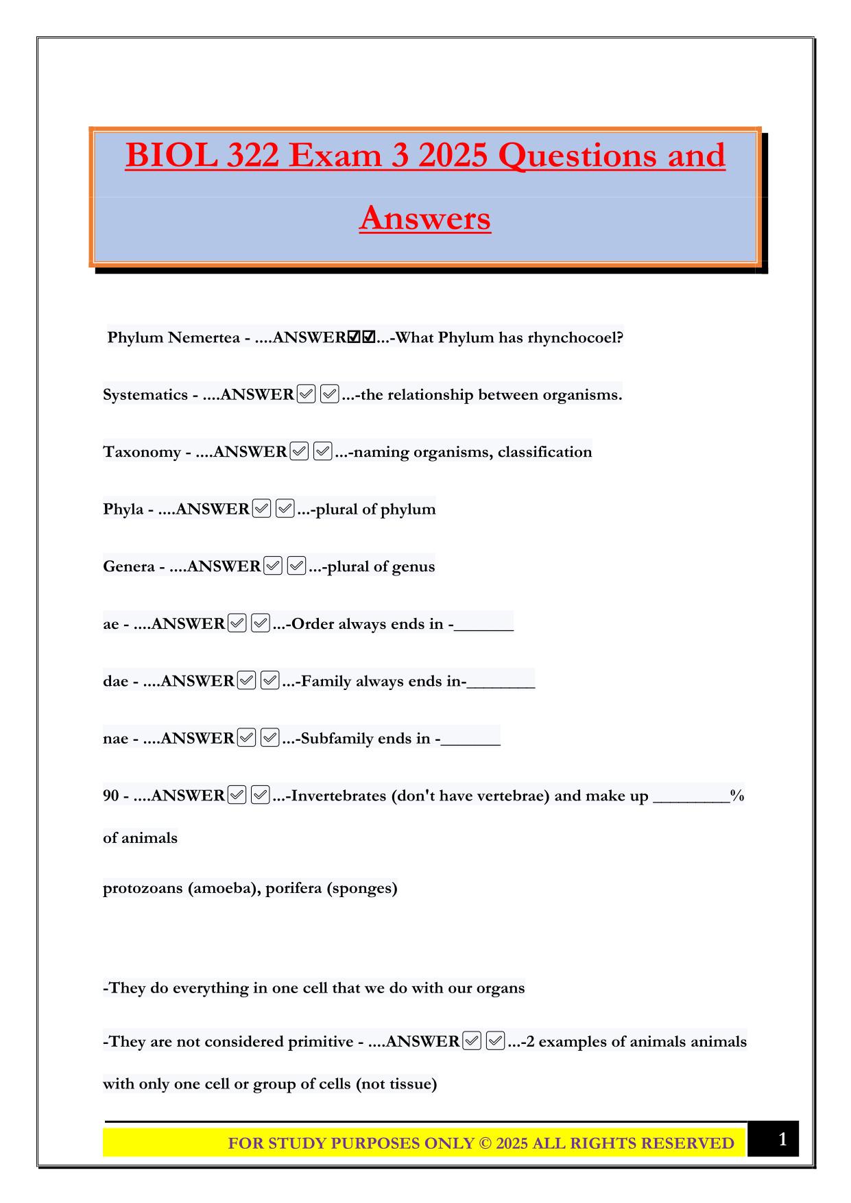 BIOL 322 Exam 3 2025 Questions and Answers