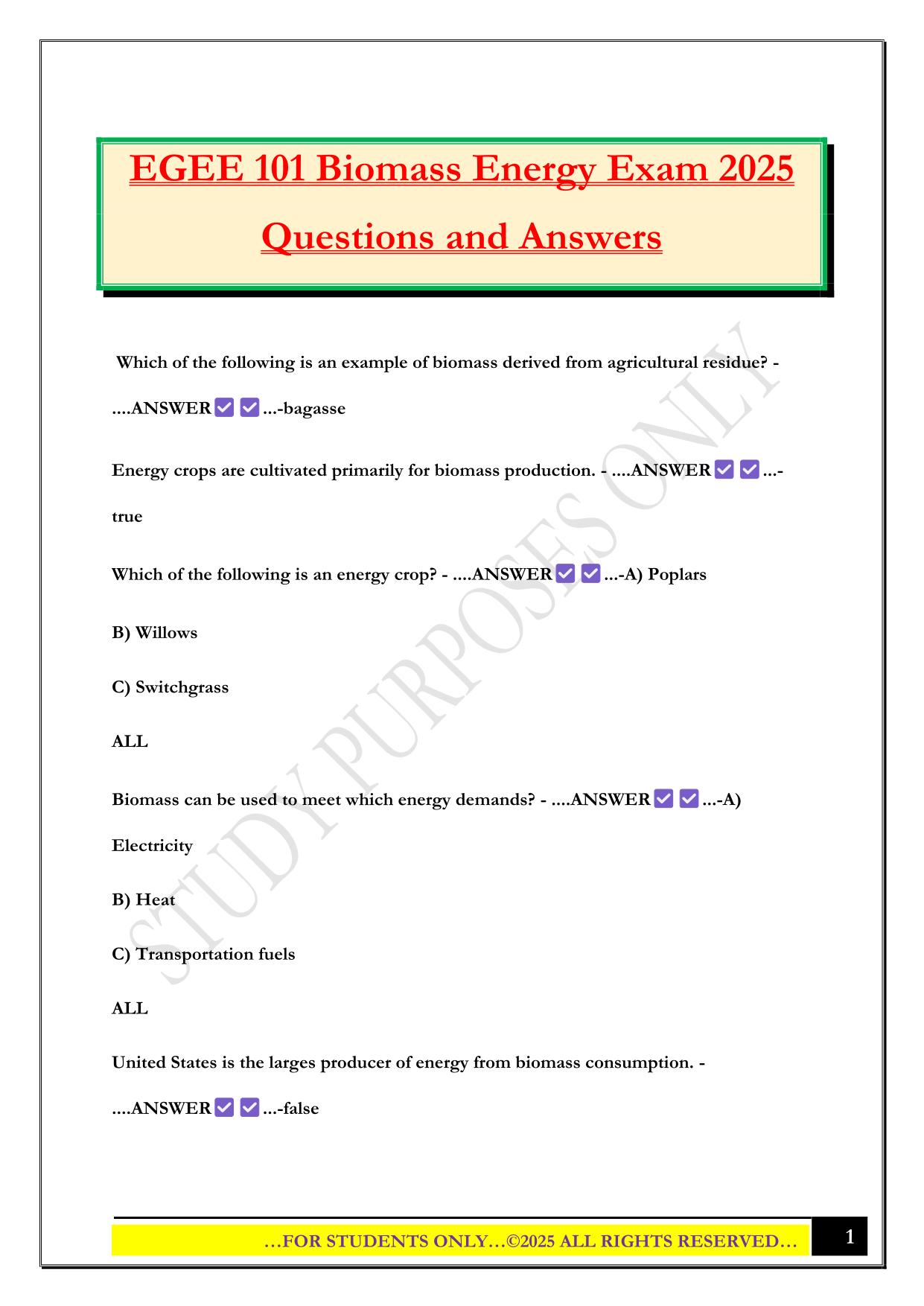 EGEE 101 Biomass Energy Exam 2025 Questions and Answers