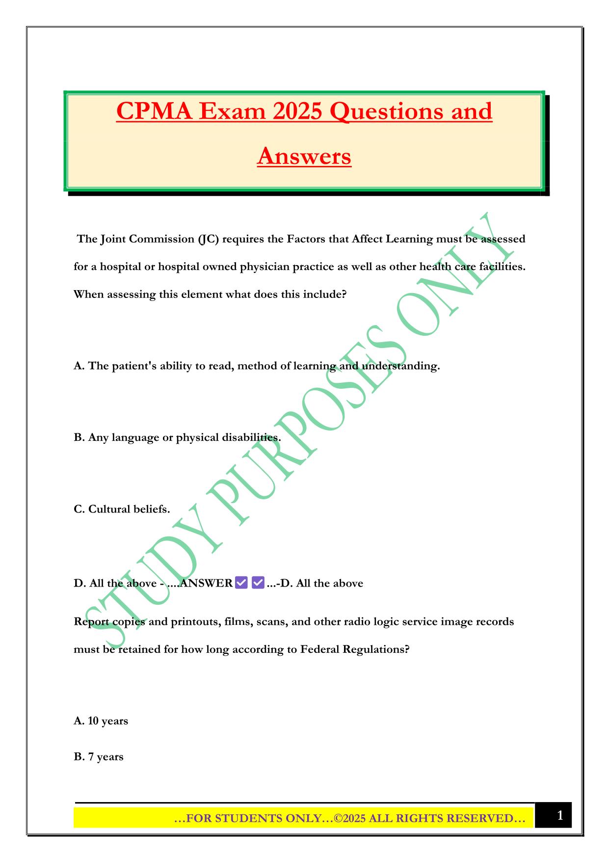 CPMA Exam 2025 Questions and Answers